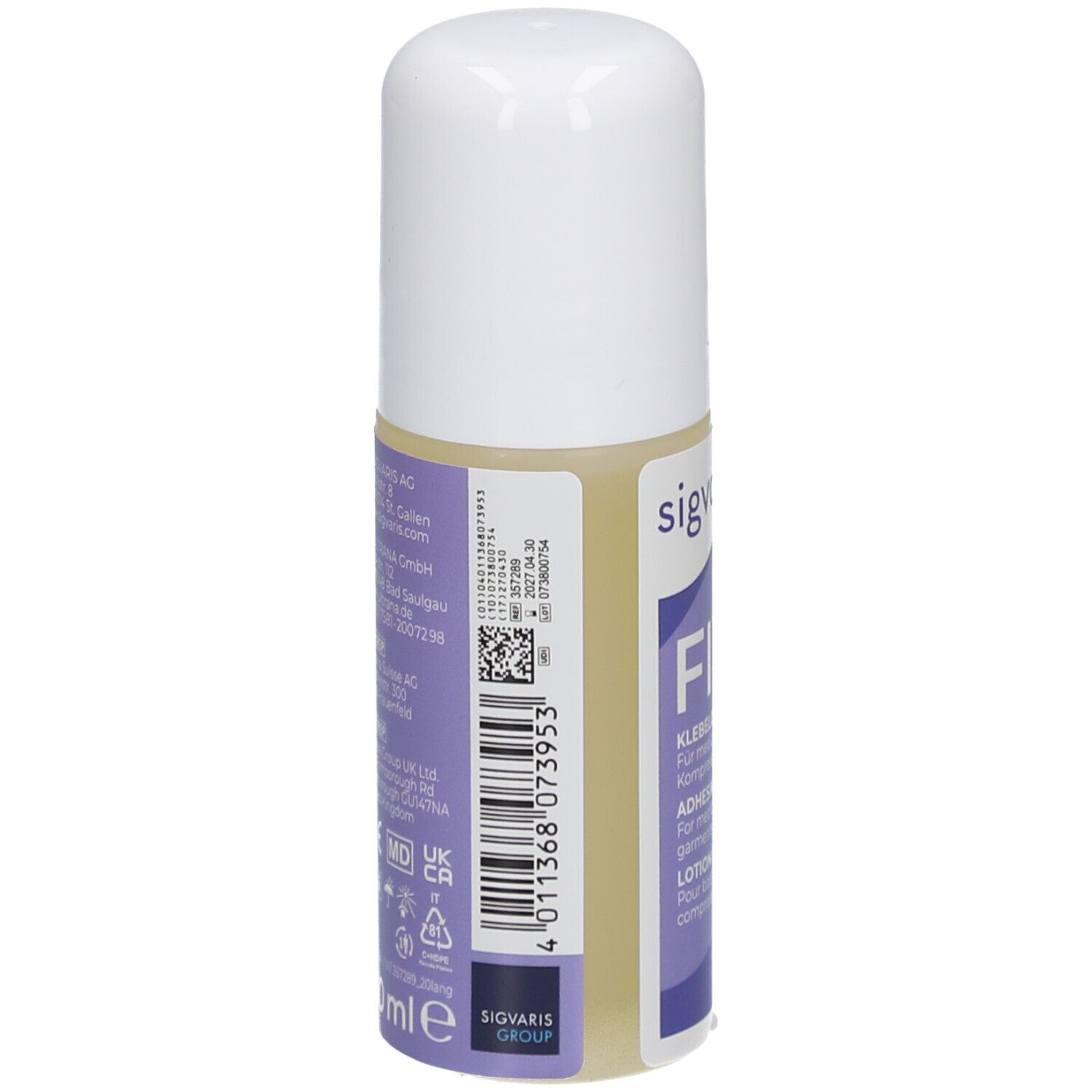 SIGVARIS FIX kleeflotion. Achterkant van de fles met informatie en barcode. Witte dop, paars etiket.
