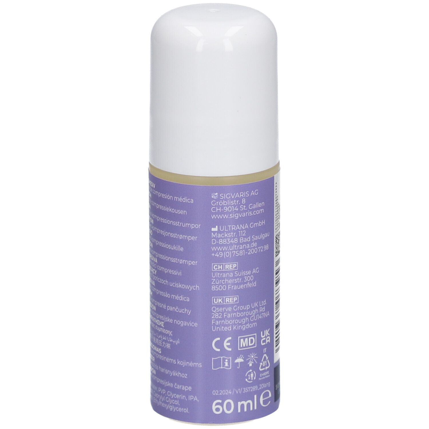 SIGVARIS FIX kleeflotion. Fles met witte dop. Opschrift: 60 ml. Informatie op het paarse etiket.