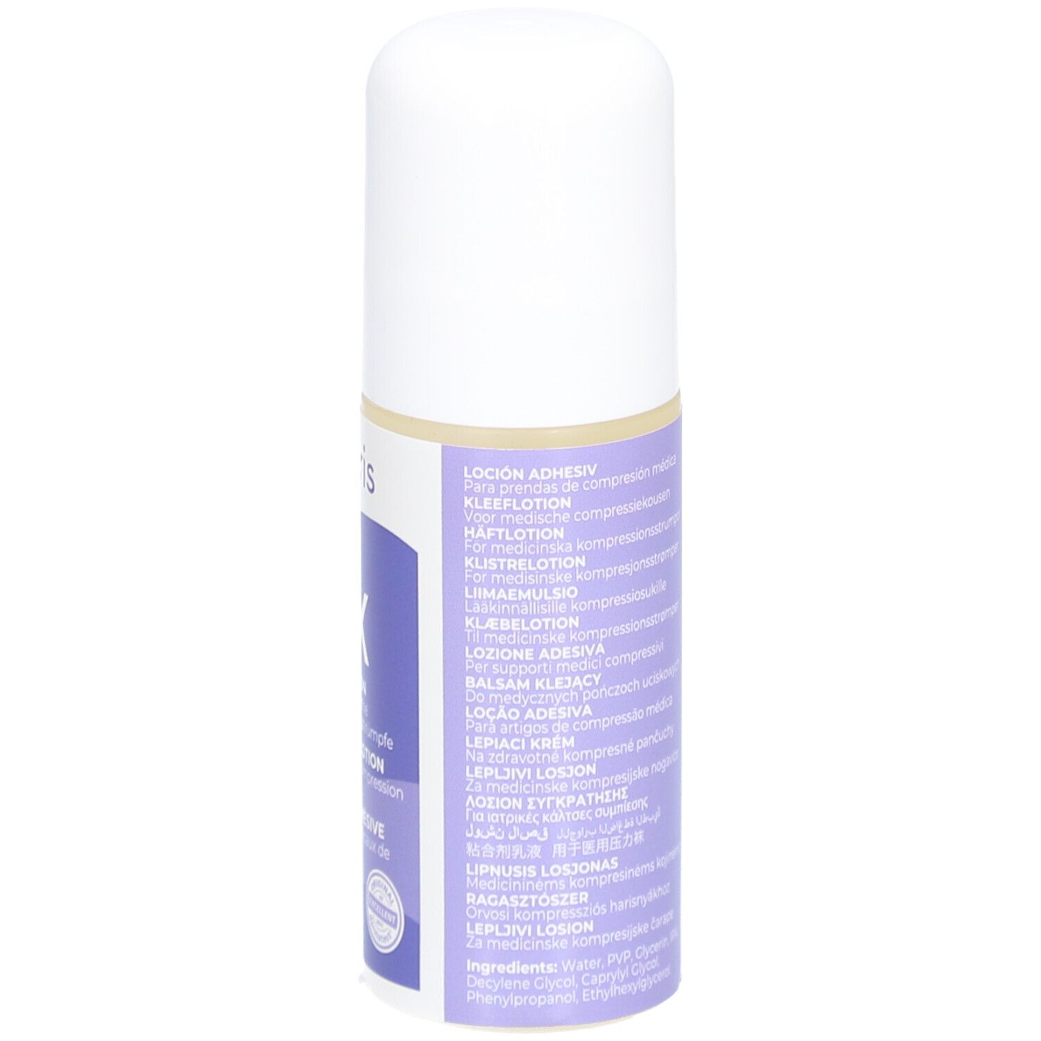 SIGVARIS FIX kleeflotion. Fles met witte dop. Meertalige informatie op het paarse etiket.