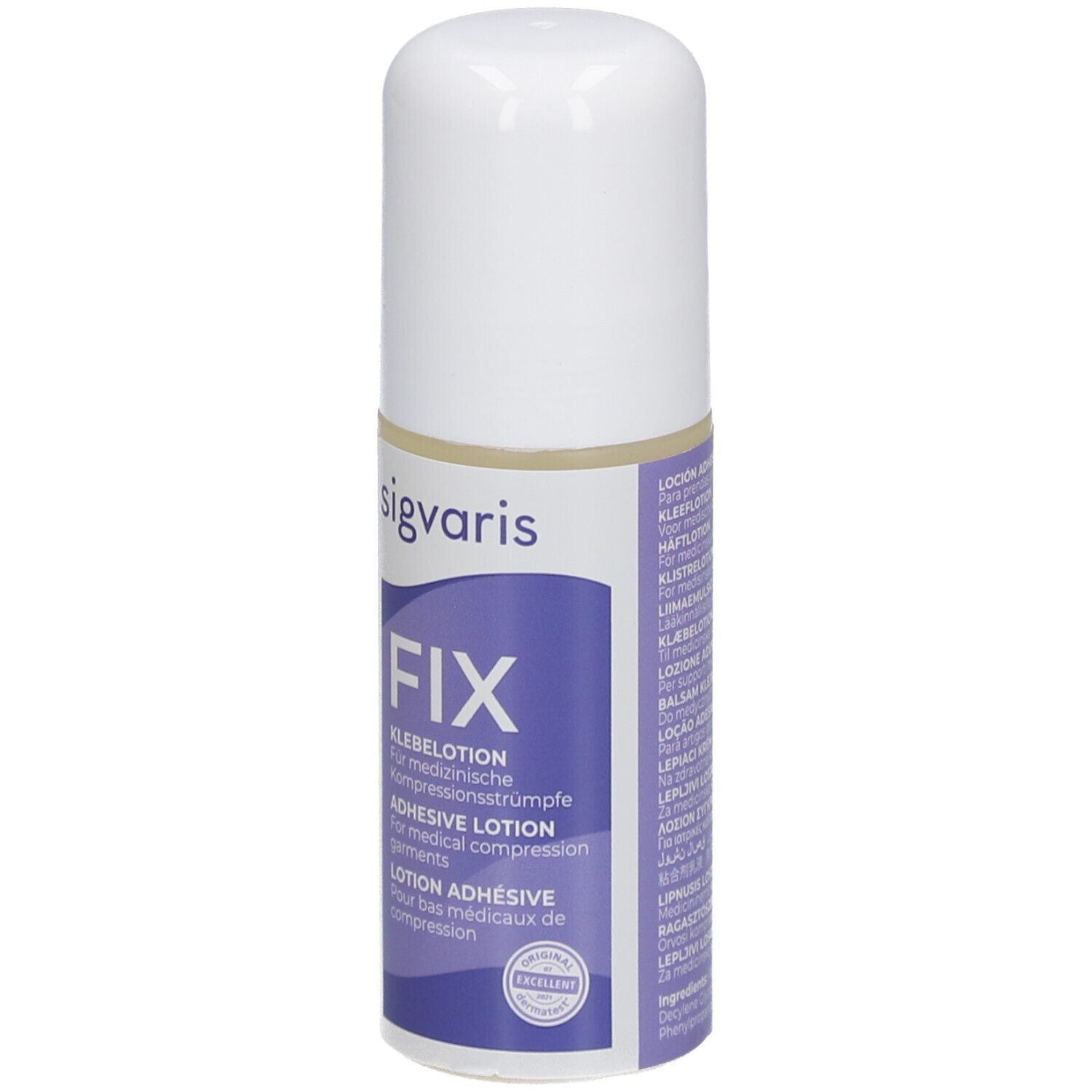 SIGVARIS FIX kleeflotion. Fles met witte dop. Opschrift: FIX, kleeflotion voor compressiekousen.