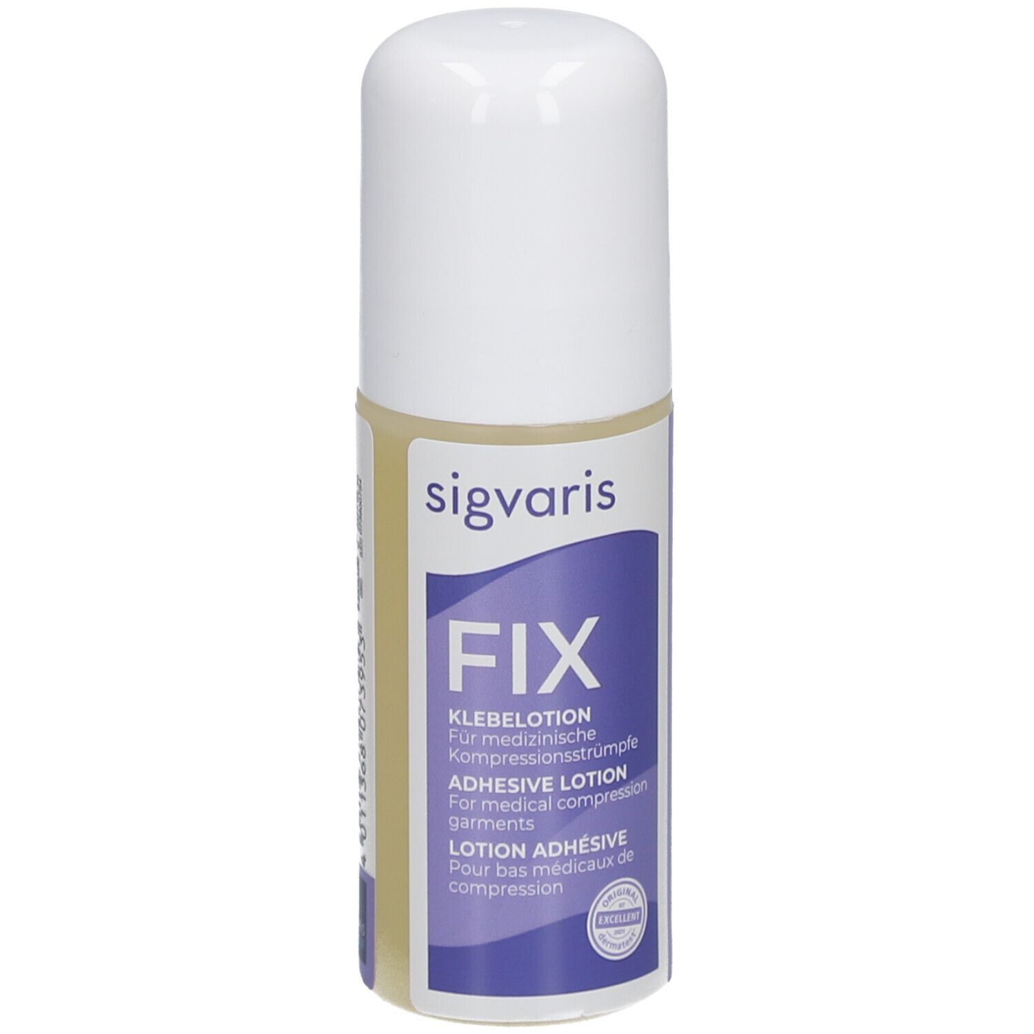 SIGVARIS FIX kleeflotion. Fles met witte dop. Opschrift: FIX, kleeflotion voor compressiekousen.