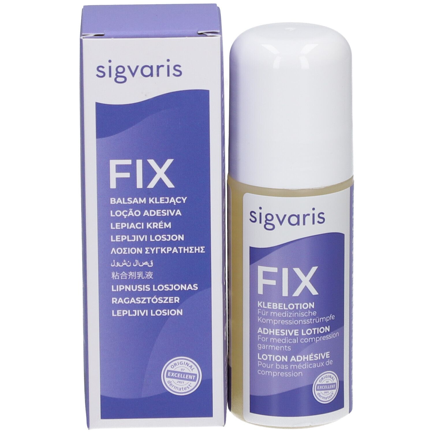 SIGVARIS FIX kleeflotion en verpakking. Fles en doos. Opschrift: FIX, kleeflotion voor compressiekousen.