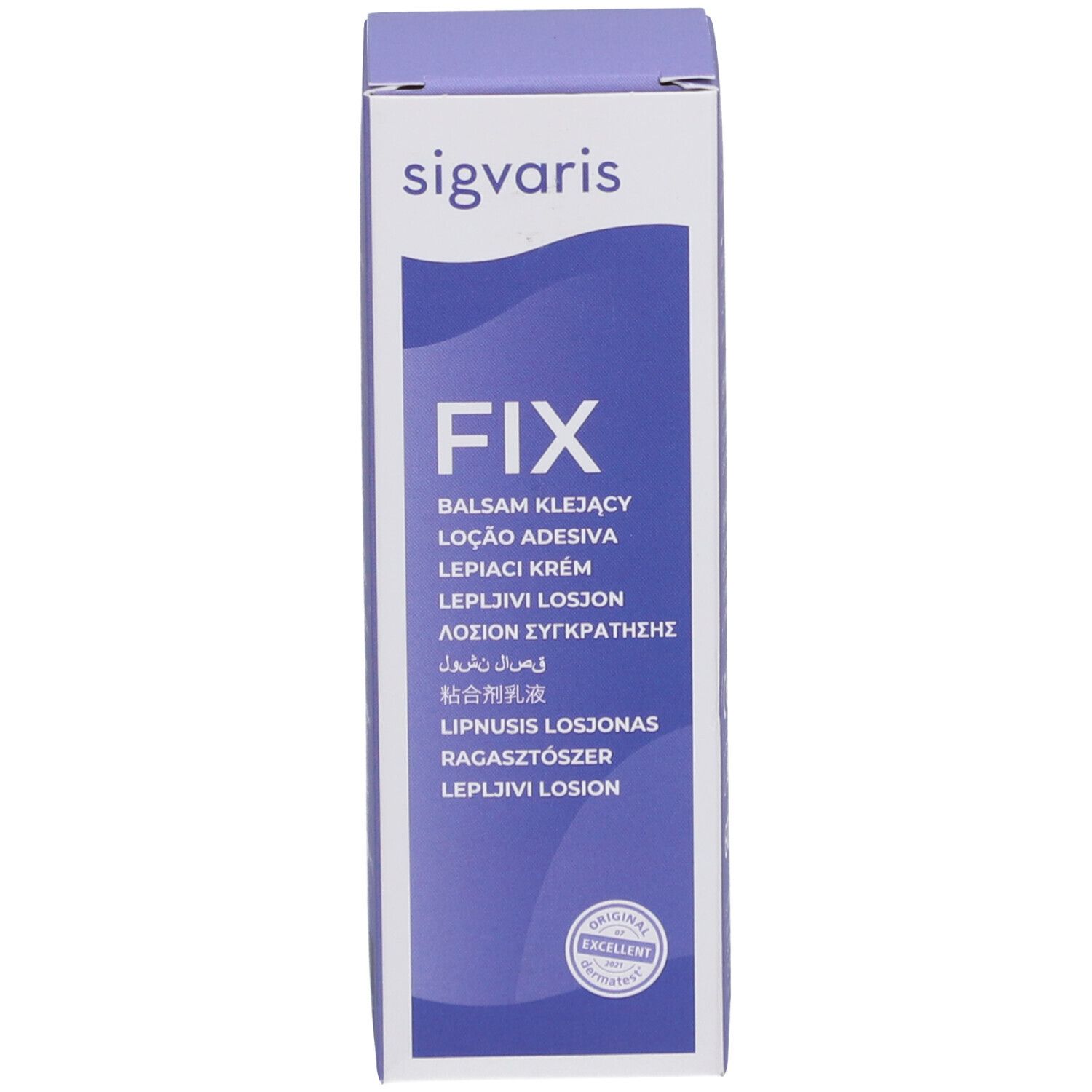 SIGVARIS FIX verpakking. Paarse doos met opschrift: FIX, kleeflotion voor compressiekousen.