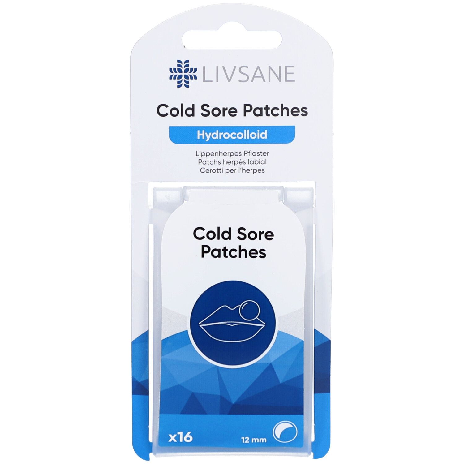 Emballage de patchs LIVSANE Cold Sore. 16 patchs, 12 mm. Patchs hydrocolloïdes pour herpès labial.