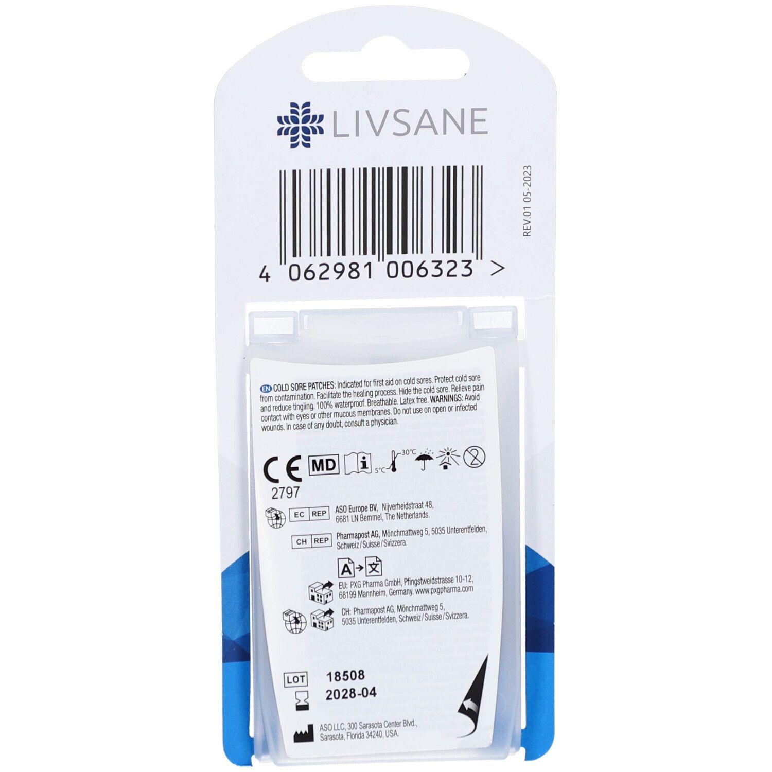 Dos de l'emballage des patchs LIVSANE Cold Sore. Informations, code-barres, marquage CE, numéro de lot.