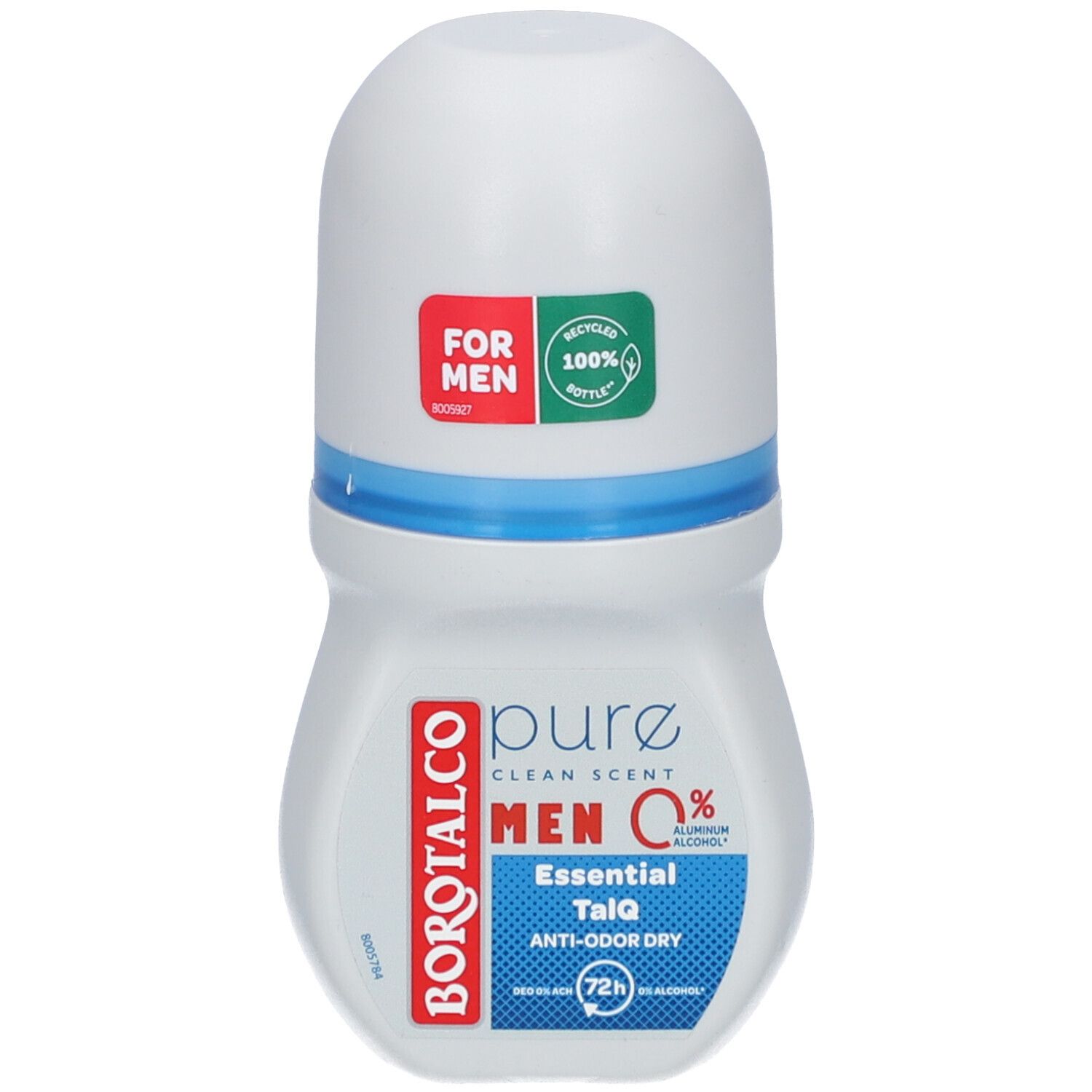 Déodorant roll-on blanc avec bande bleue. Inscriptions : BOROTALCO, MEN 0%, FOR MEN, bouteille 100% recyclée.