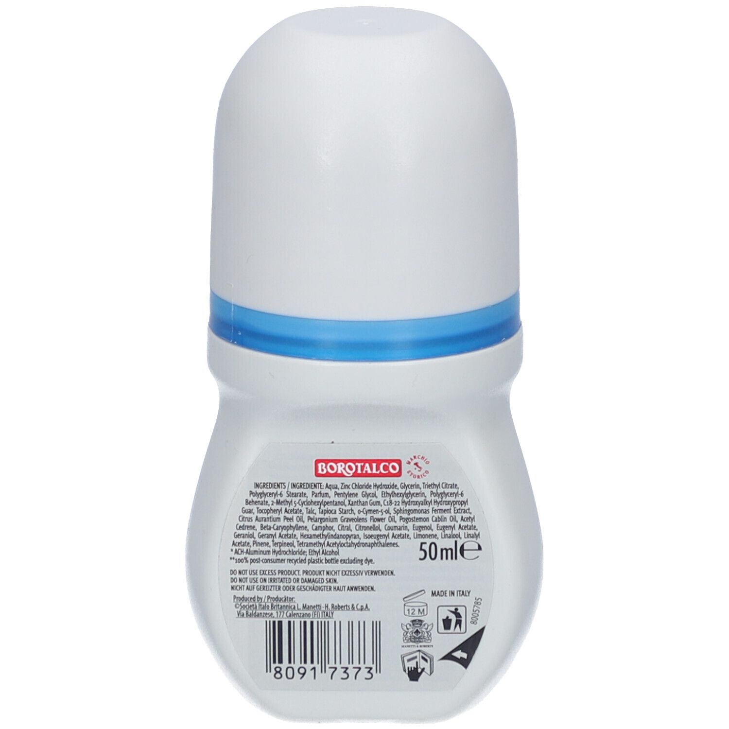 Dos d'un déodorant roll-on blanc. Inscriptions : BOROTALCO, ingrédients, 50ml, code-barres.