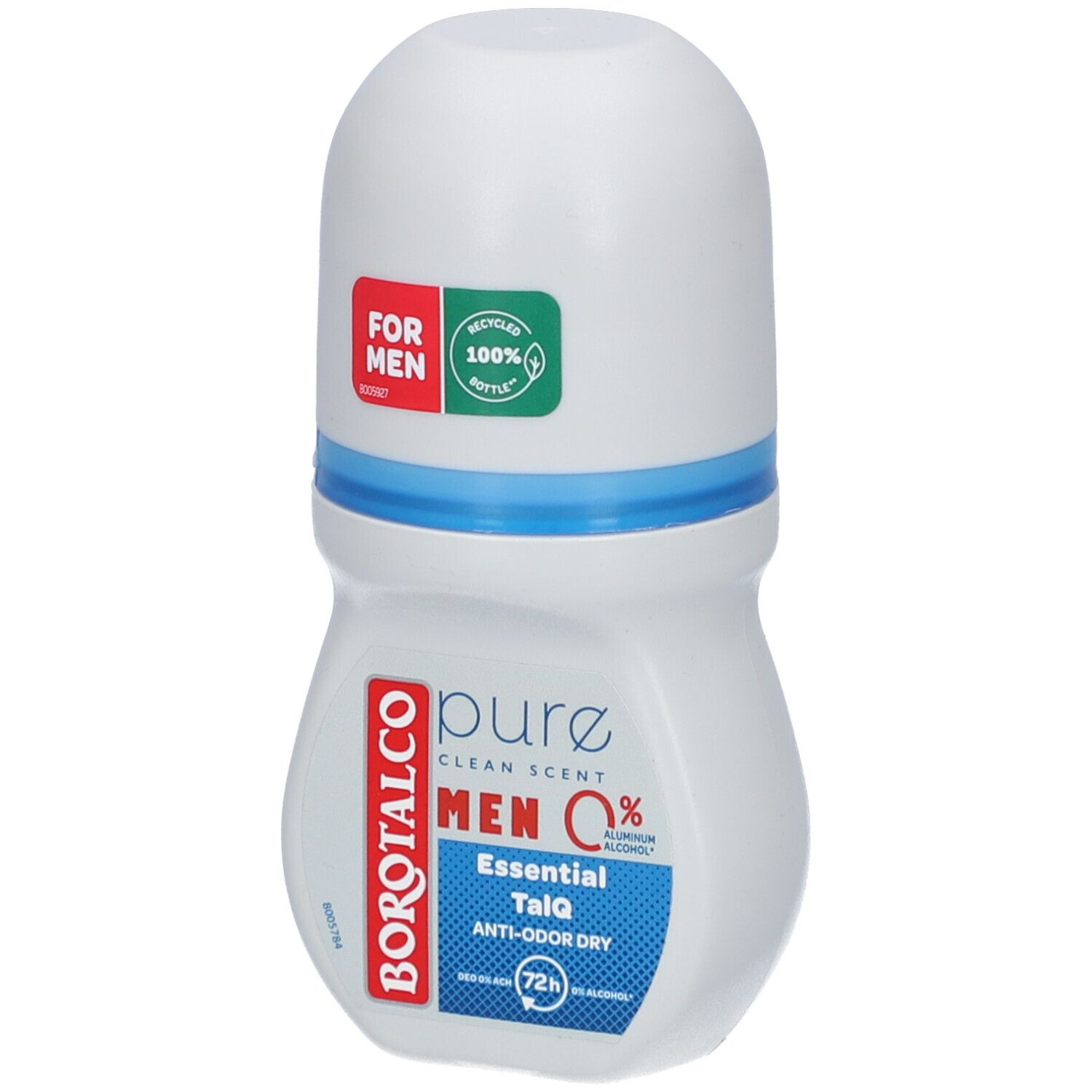 Déodorant roll-on blanc avec bande bleue. Inscriptions : BOROTALCO, MEN 0%, FOR MEN, bouteille 100% recyclée.