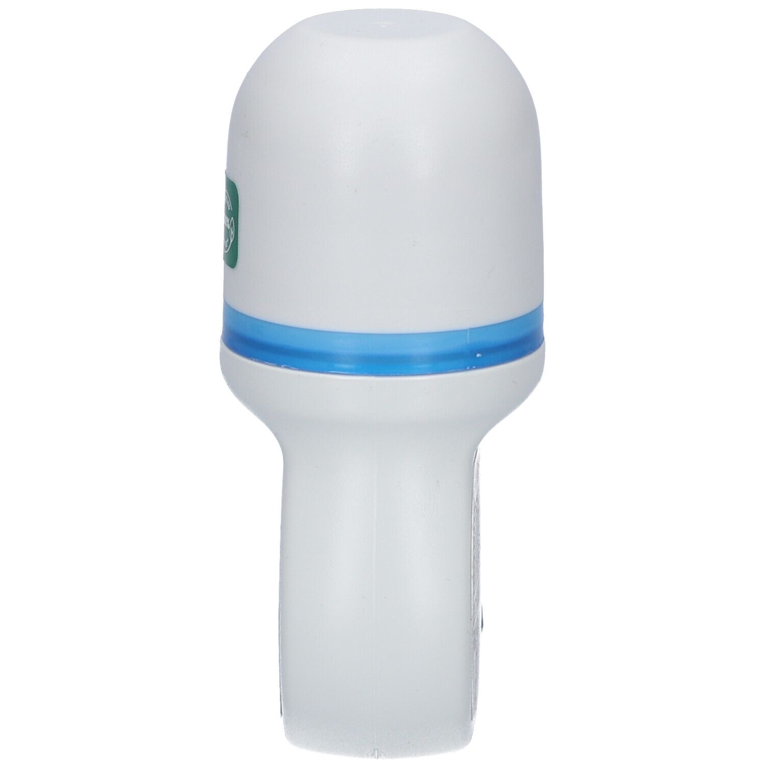 Déodorant roll-on blanc avec bande bleue. Inscription : bouteille 100% recyclée. Bouchon blanc.