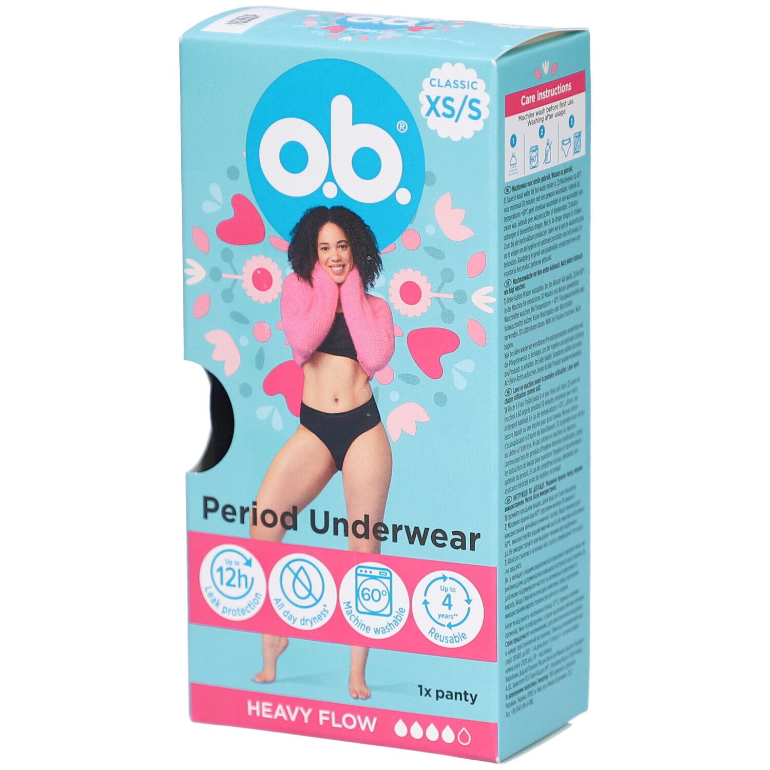 Verpakking o.b.® menstruatieondergoed XS/S. Opschrift: menstruatieondergoed, 12 uur bescherming, 1 slip, zware flow.