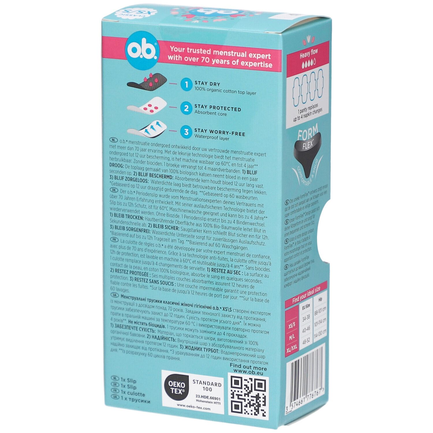 Achterkant o.b.® menstruatieondergoed XS/S verpakking. Opschrift: 3 lagen, maattabel, QR-code, 1 slip.