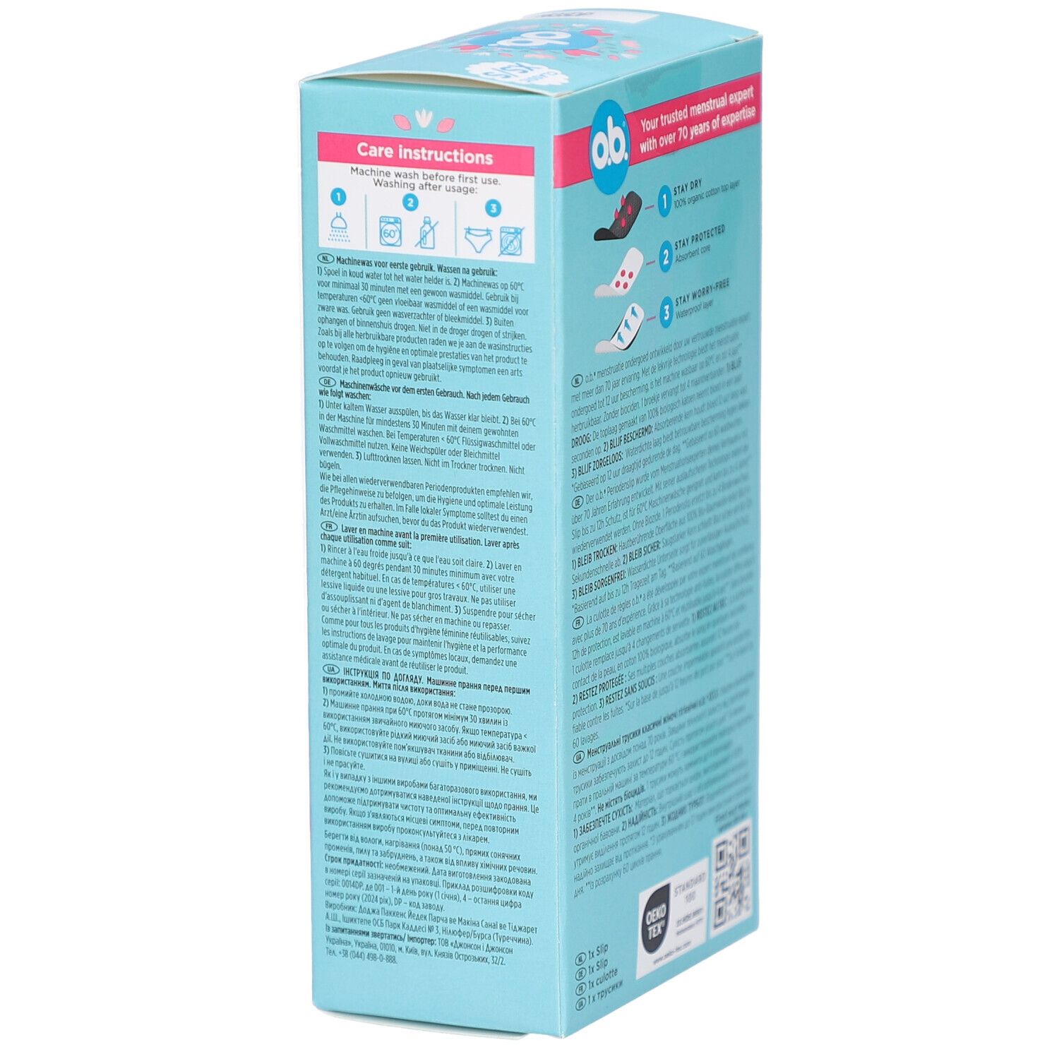 Verpakking o.b.® menstruatieondergoed XS/S. Opschrift: wasvoorschriften, 60°C machinewas, 1 slip.