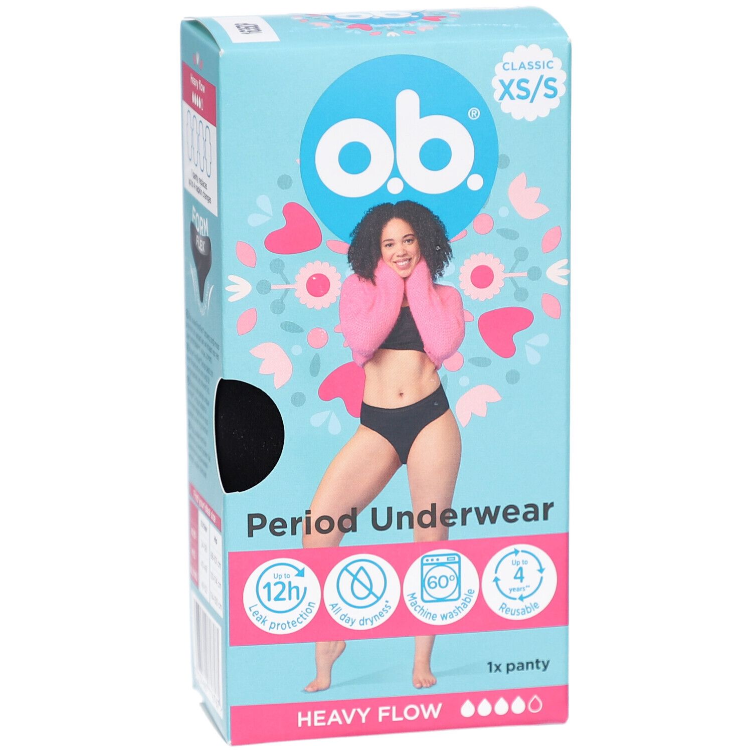 Voorkant o.b.® menstruatieondergoed XS/S verpakking. Opschrift: menstruatieondergoed, 12 uur bescherming, 1 slip, zware flow.