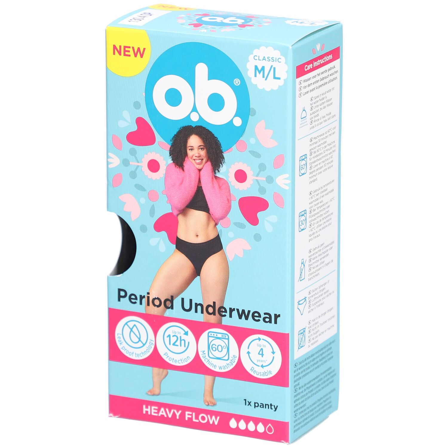 Verpakking van o.b.® Period Ondergoed M/L. Opschrift: NEW, Classic, 1x panty, Heavy Flow. Afbeelding van een vrouw.