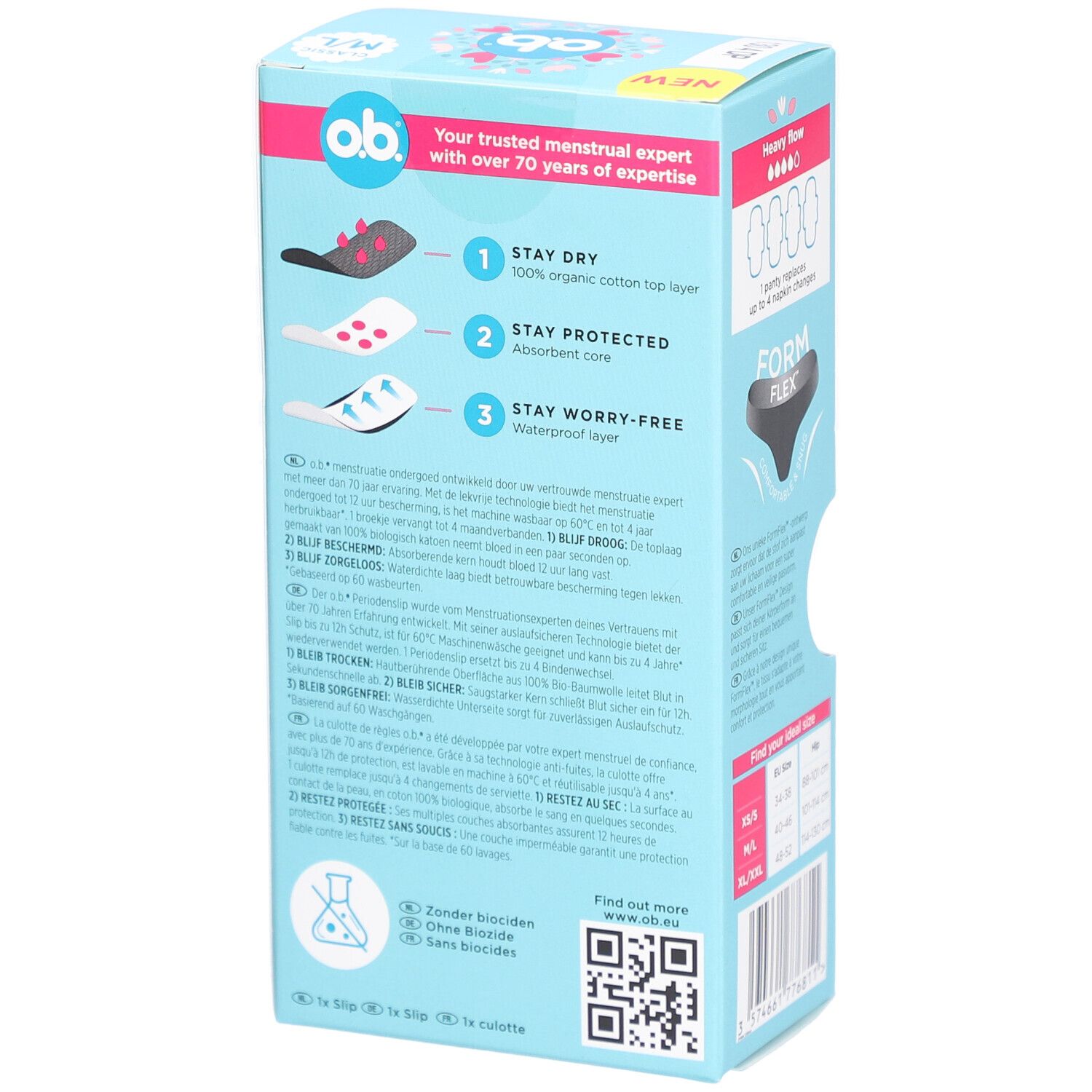Achterkant van de o.b.® Period Ondergoed M/L verpakking. Tekst: Your trusted menstrual expert. Productinformatie en QR-code.