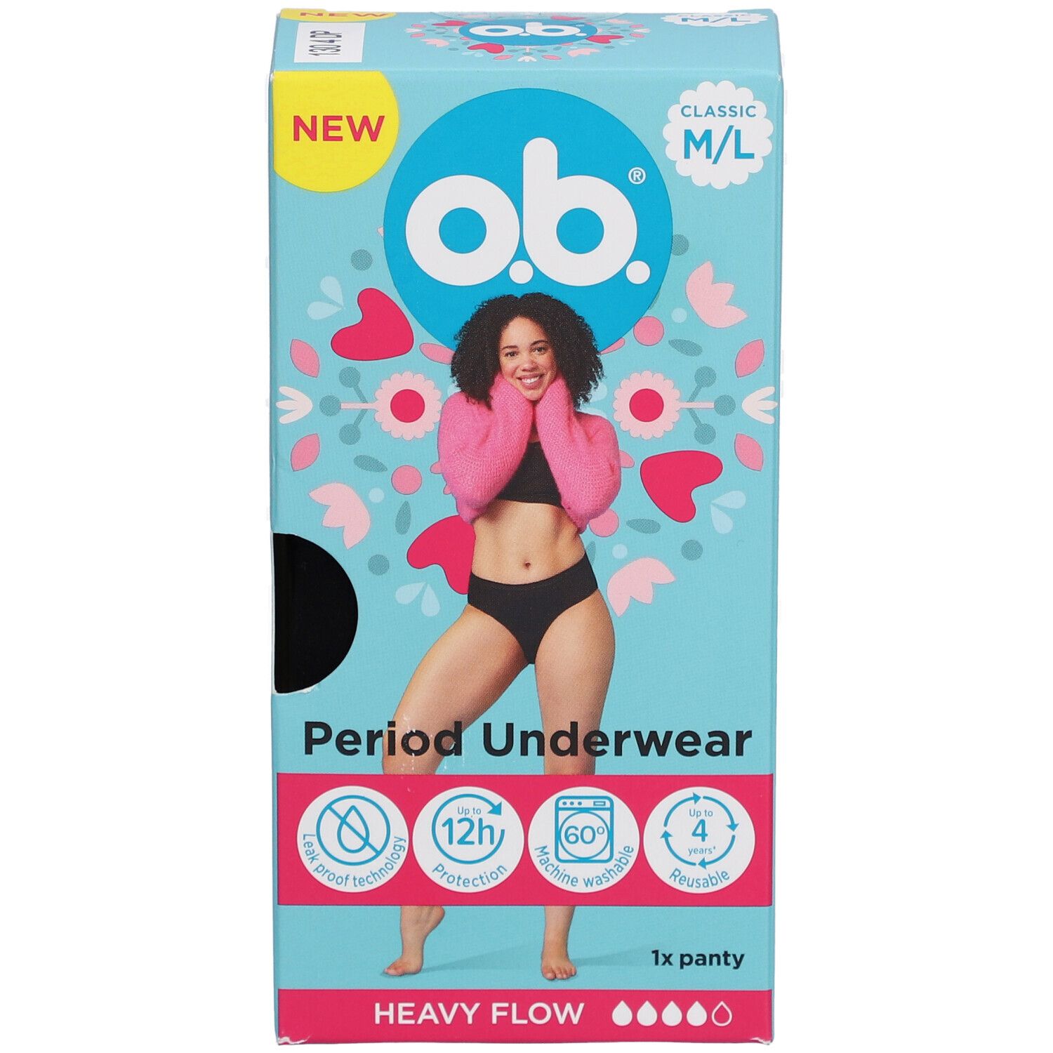 Verpakking van o.b.® Period Ondergoed M/L. Opschrift: NEW, Classic, 1x panty, Heavy Flow. Afbeelding van een vrouw.