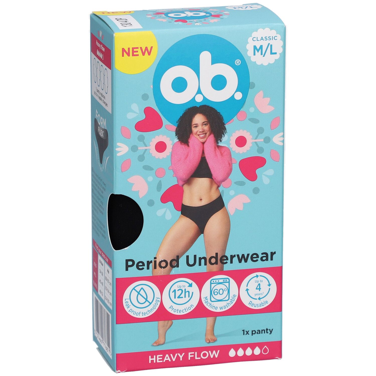 Verpakking van o.b.® Period Ondergoed M/L. Opschrift: NEW, Classic, 1x panty, Heavy Flow. Afbeelding van een vrouw.