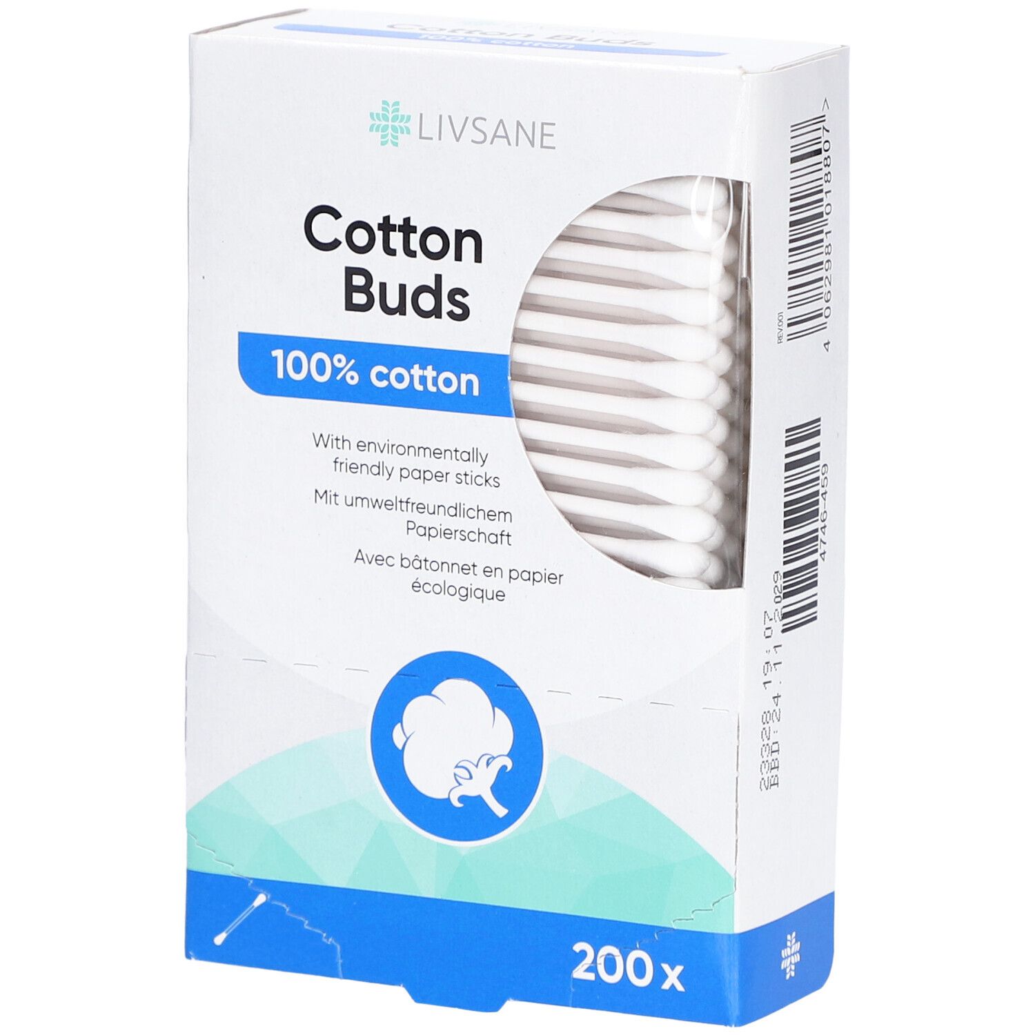 Verpakking met wattenstaafjes. Merk Livsane, opschrift 'Cotton Buds', '100% cotton'. 200 stuks. Papieren stokjes.