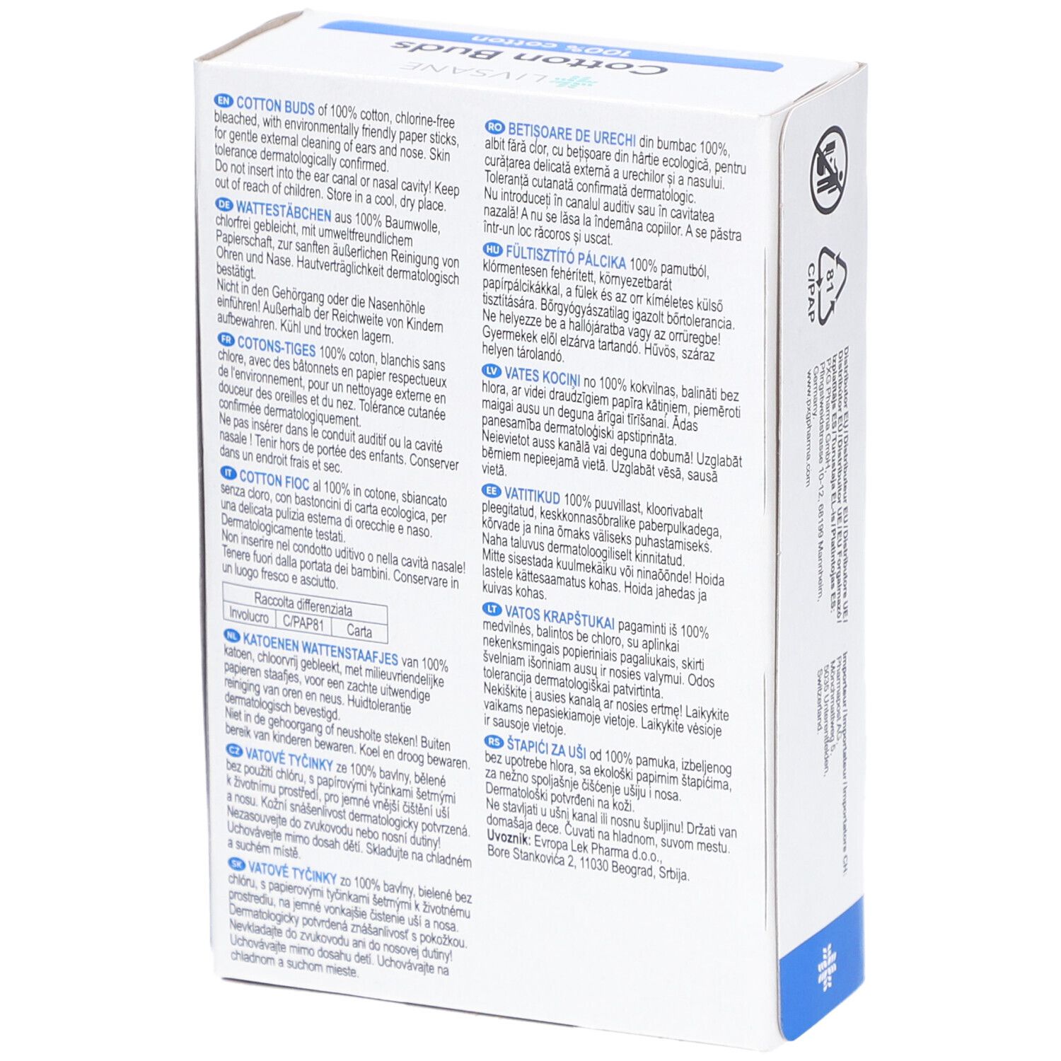 Achterkant van de verpakking met tekst. Bevat productinformatie en fabrikantgegevens. Tekst in het Duits, Engels, Frans, Italiaans.