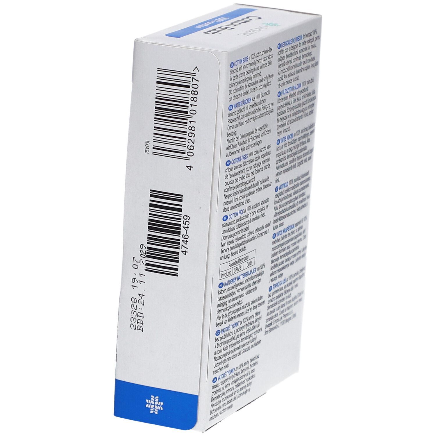 Achterkant van de verpakking met barcode en tekst. Bevat informatie zoals batchnummer en vervaldatum.