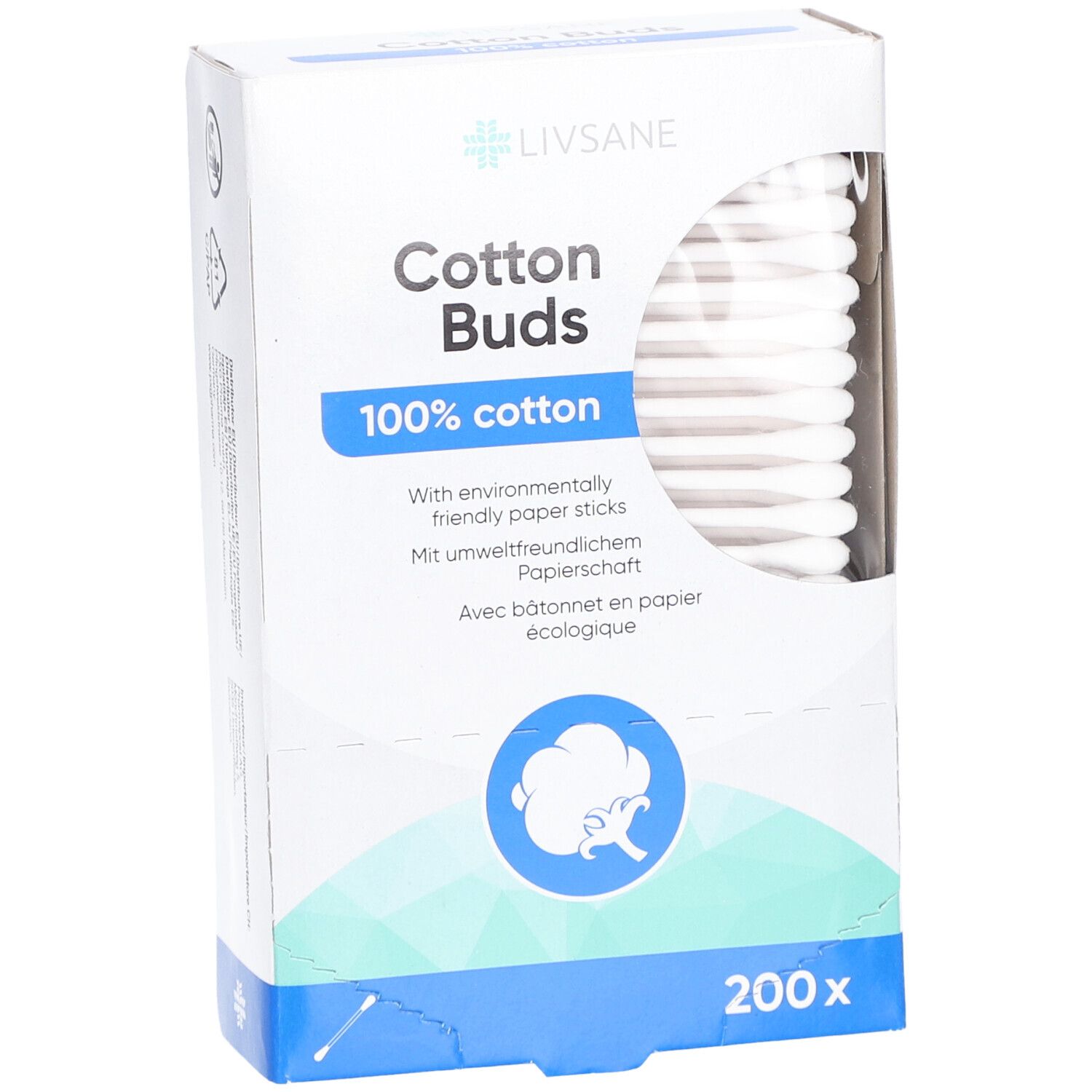 Verpakking met wattenstaafjes. Merk Livsane, opschrift 'Cotton Buds', '100% cotton'. 200 stuks. Zichtbare wattenstaafjes.