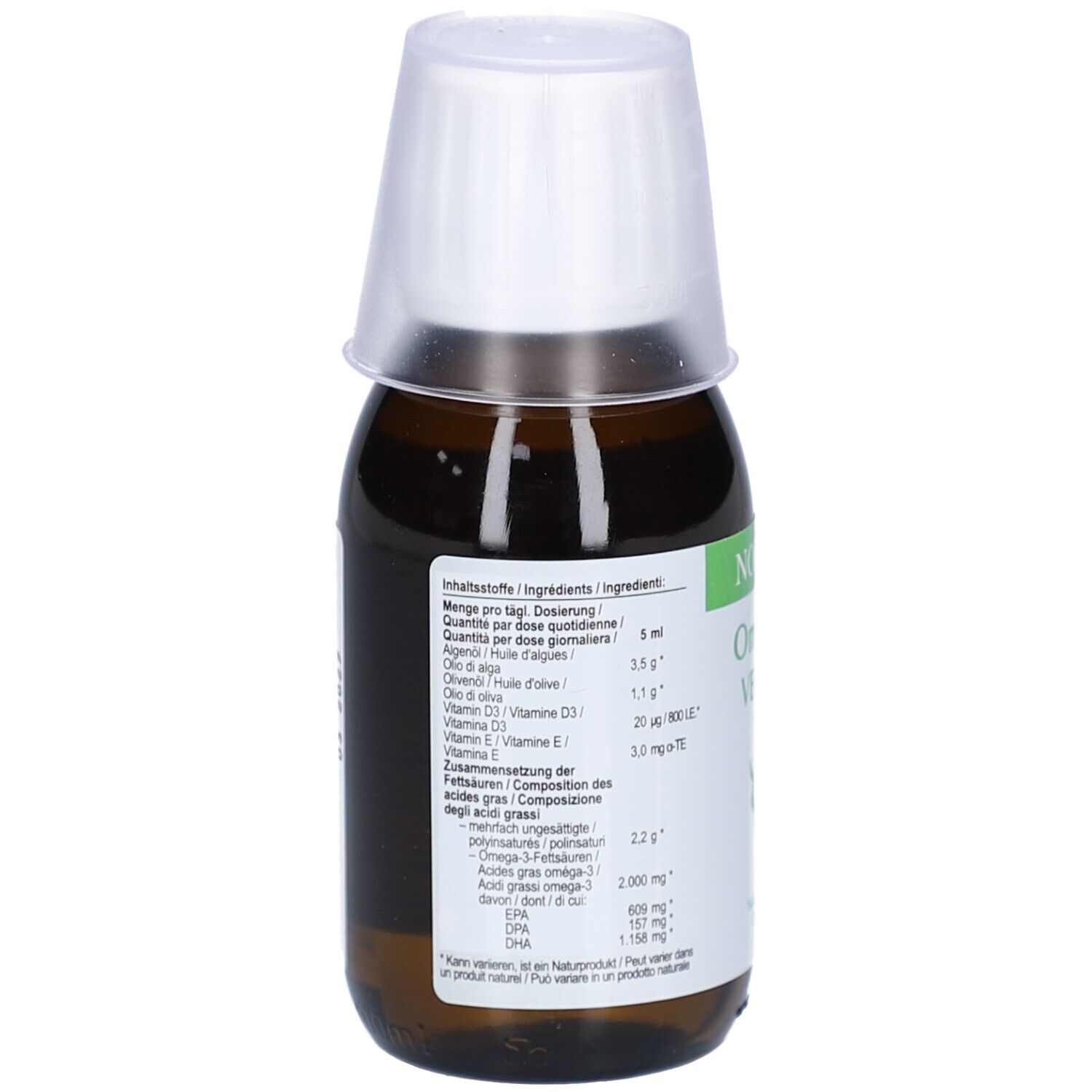 Flacon en verre brun avec bouchon blanc. Dos avec informations nutritionnelles et ingrédients. Inscription: Omega-3 Vegan, complément alimentaire.