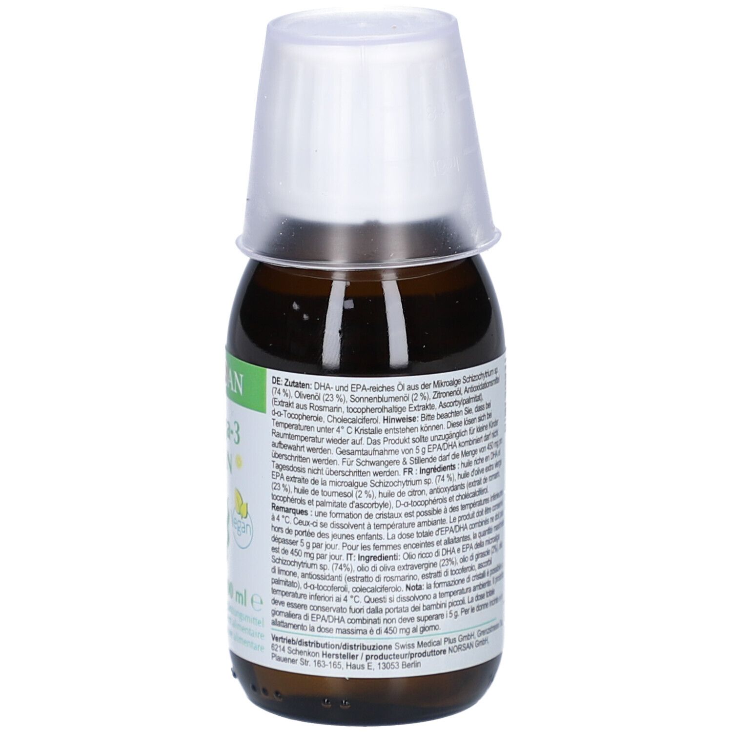 Flacon en verre brun avec bouchon blanc. Dos avec instructions d'utilisation. Inscription: Omega-3 Vegan, conserver au réfrigérateur après ouverture.