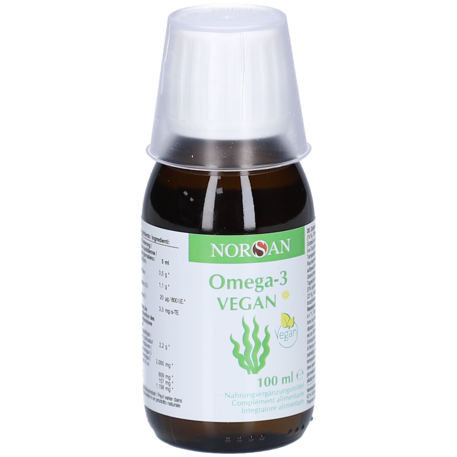 Flacon en verre brun avec bouchon blanc. Inscription: NORSAN Omega-3 VEGAN, Swiss plus, goût citron. 100 ml.