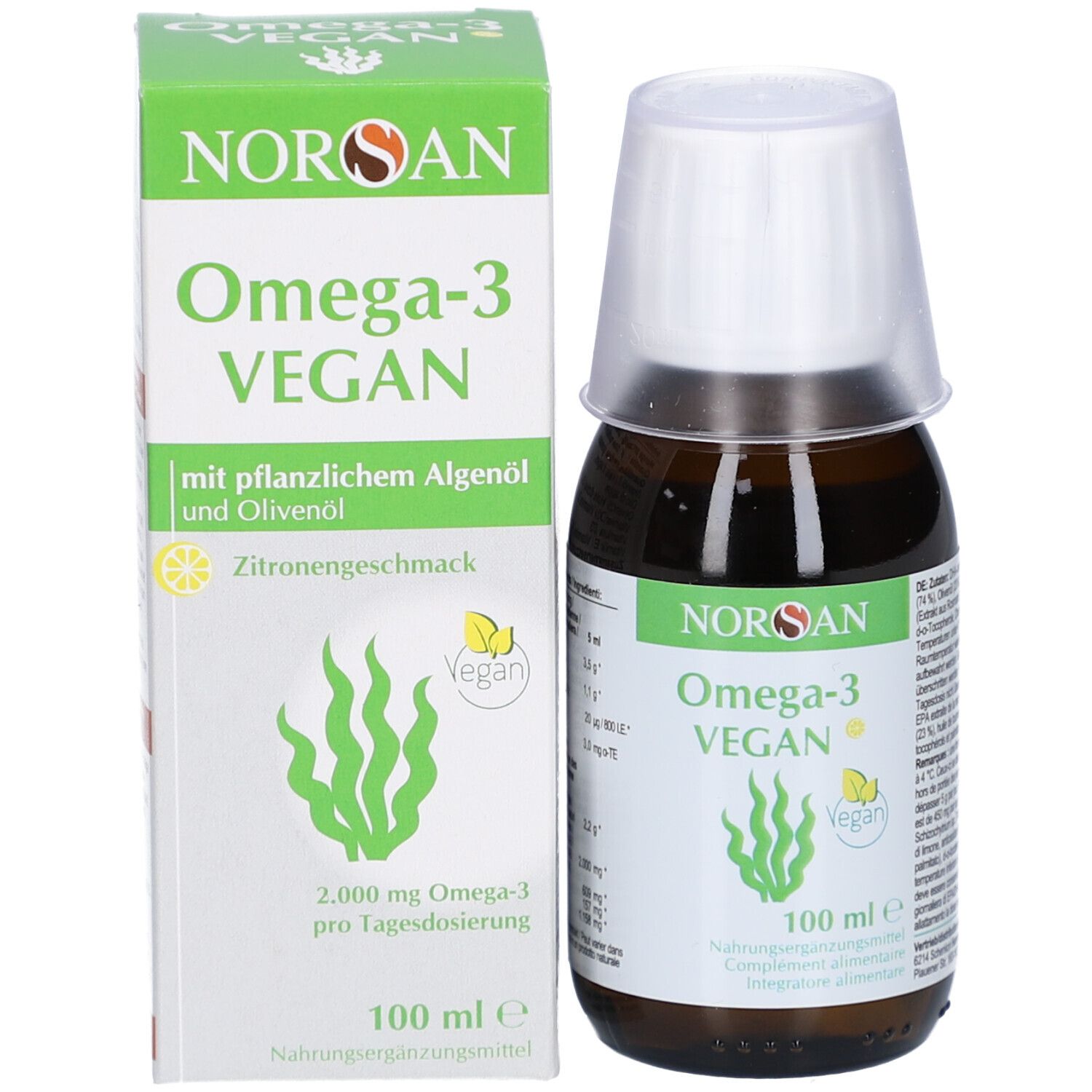 Flacon et emballage du produit. Inscription: NORSAN Omega-3 VEGAN, Swiss plus, avec huile d'algues végétales et huile d'olive. 100 ml.