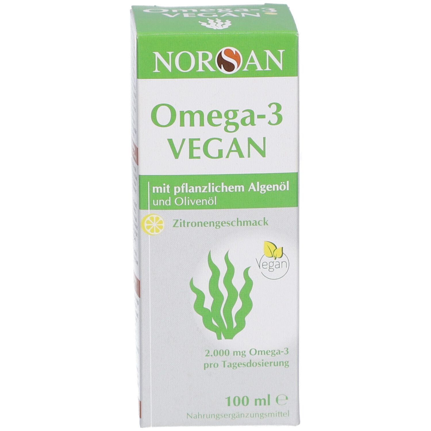Emballage vert. Inscription: NORSAN Omega-3 VEGAN, Swiss plus, avec huile d'algues végétales et huile d'olive. 100 ml.