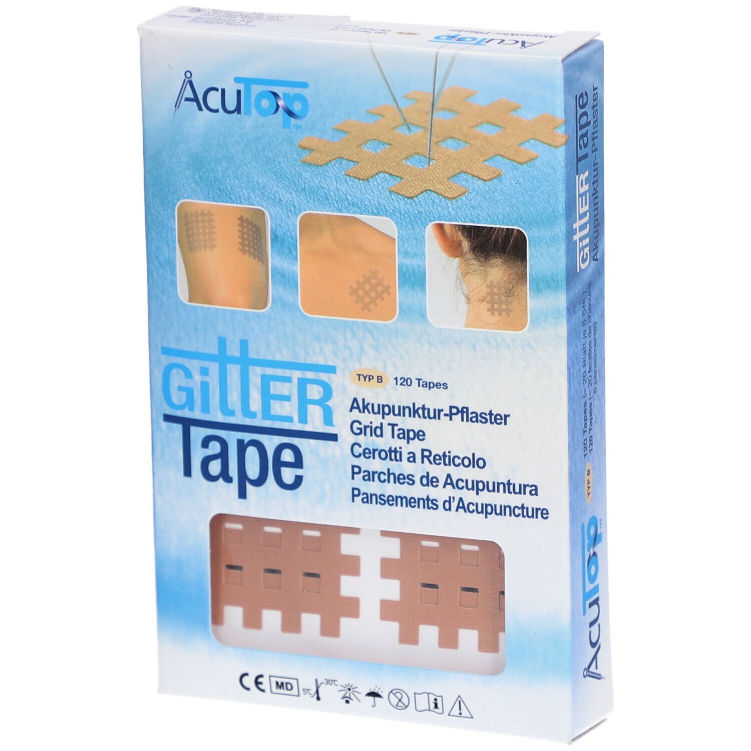 Verpakking met acupunctuurpleisters. Opschrift: Gitter Tape, 120 pleisters. Beige pleisters in honingraatvorm.