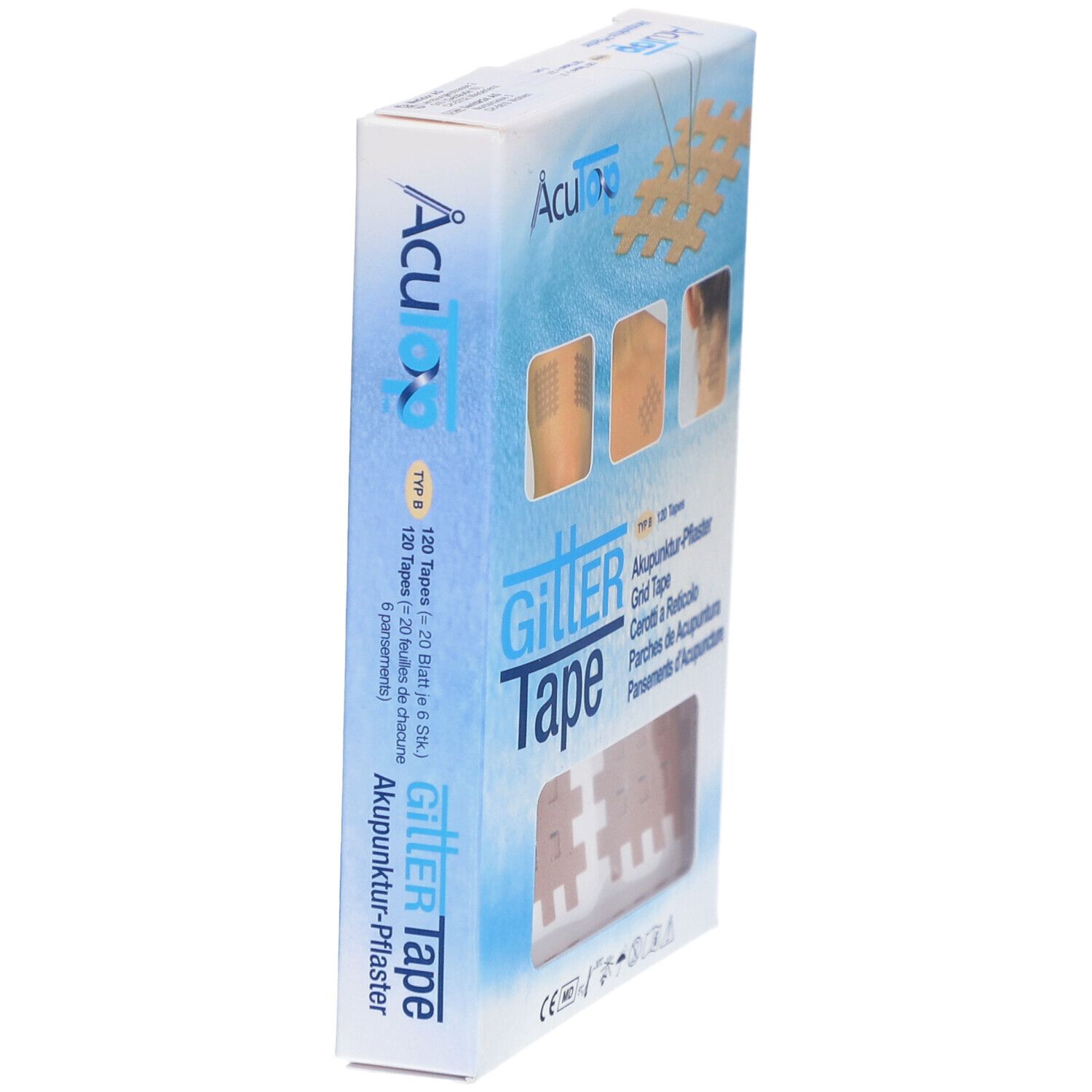 Zijaanzicht van de productverpakking. Opschrift: Gitter Tape, 120 pleisters. Beige pleisters in honingraatvorm.