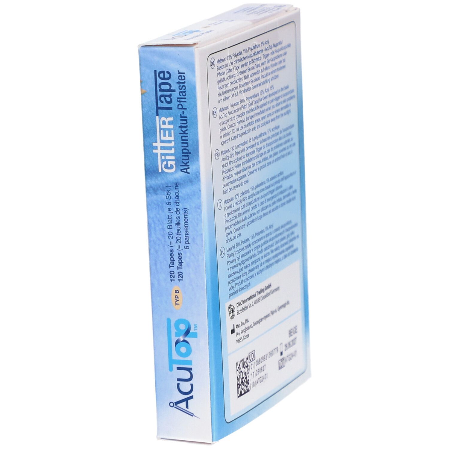 Zijaanzicht van de productverpakking. Opschrift: Gitter Tape, 120 pleisters. Fabrikantgegevens en batchnummer.