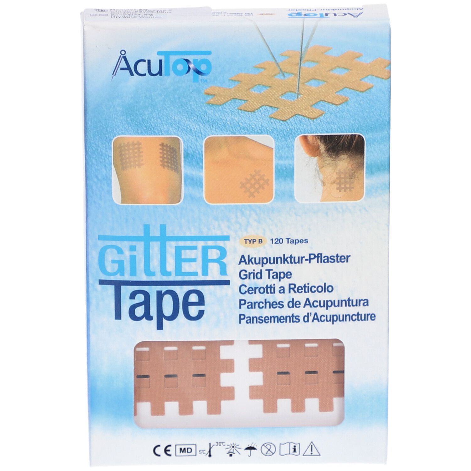 Productverpakking met acupunctuurpleisters. Opschrift: Gitter Tape, 120 pleisters. Beige pleisters in honingraatvorm.