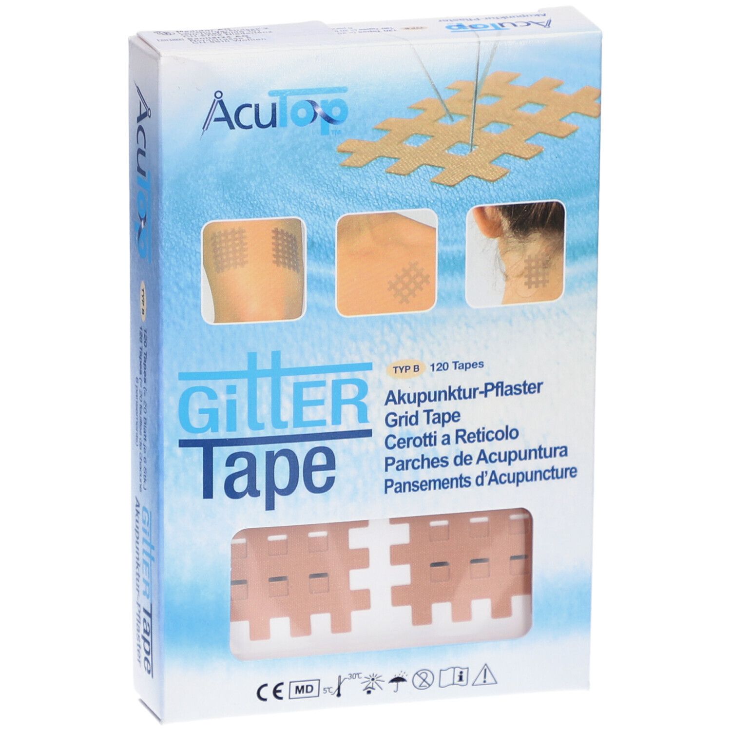 Productverpakking met acupunctuurpleisters. Opschrift: Gitter Tape, 120 pleisters. Beige pleisters in honingraatvorm.
