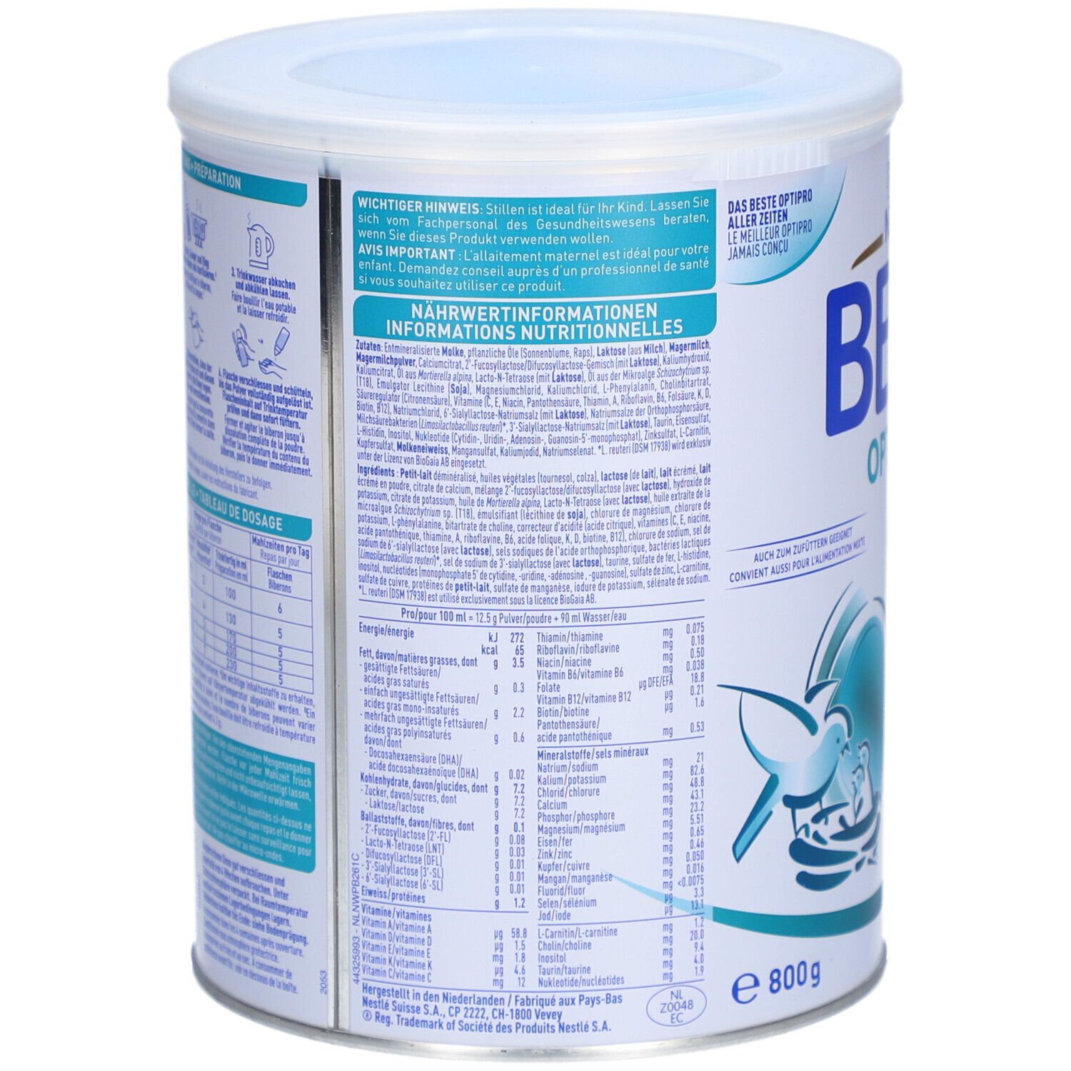 Achterkant van het BEBA Optipro PRE babymelkvoeding blik met voedingswaarde-informatie.