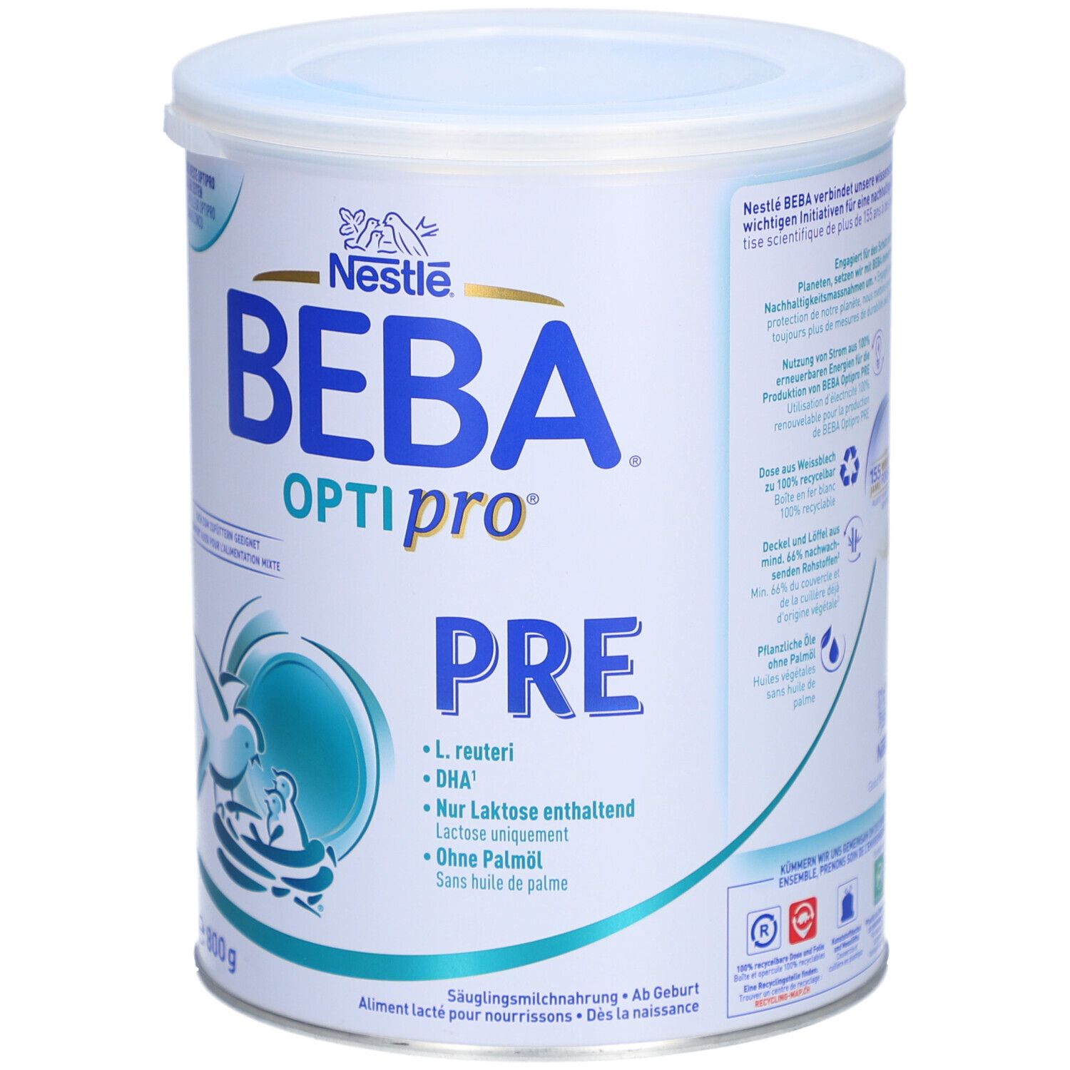 Voorkant van het BEBA Optipro PRE babymelkvoeding blik, 800g.