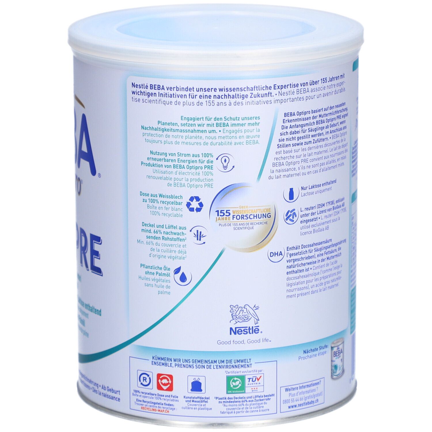 Achterkant van het BEBA Optipro PRE babymelkvoeding blik met duurzaamheidsinformatie.