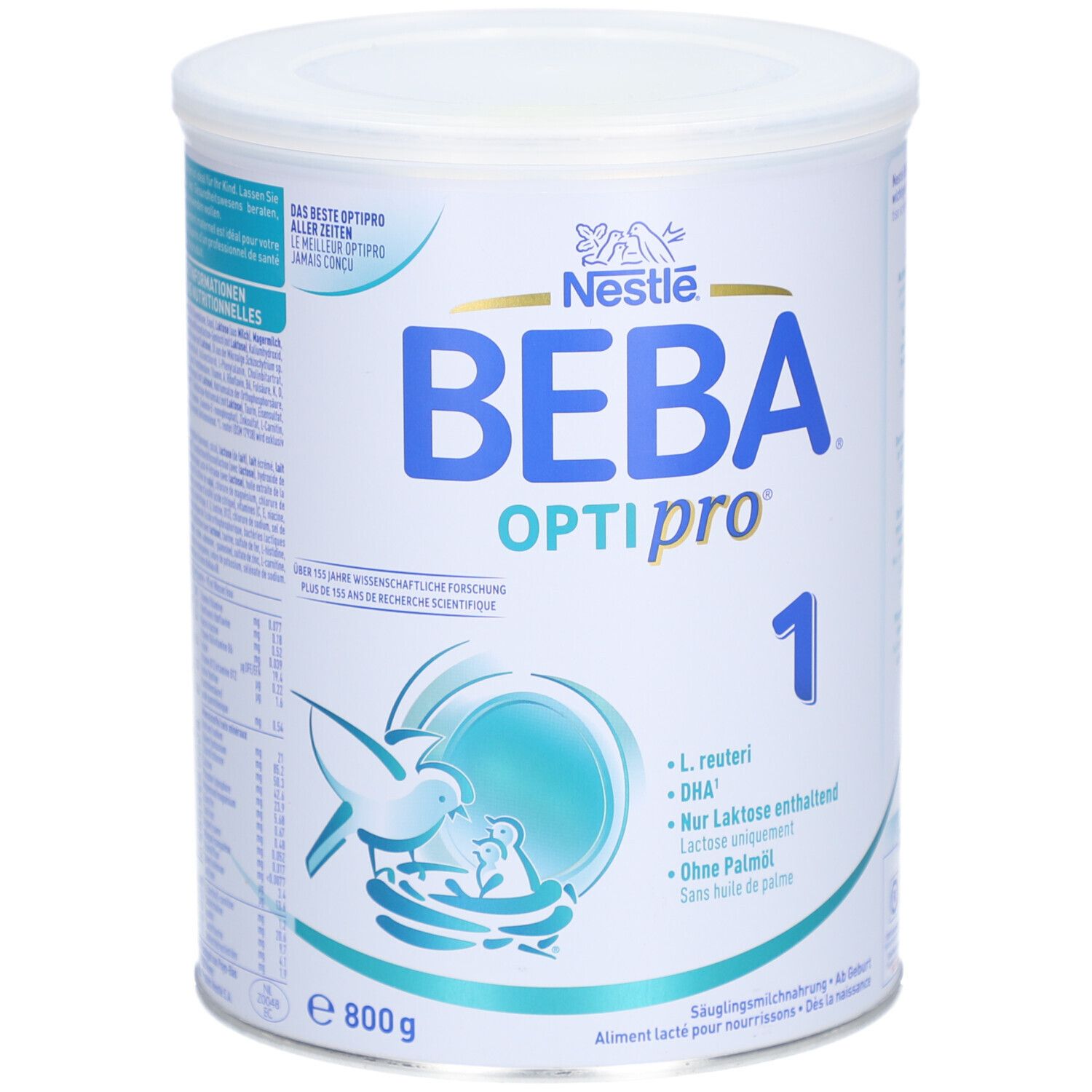 Lait infantile BEBA Optipro 1, boîte 800g avec logo Nestlé et motif oiseau.
