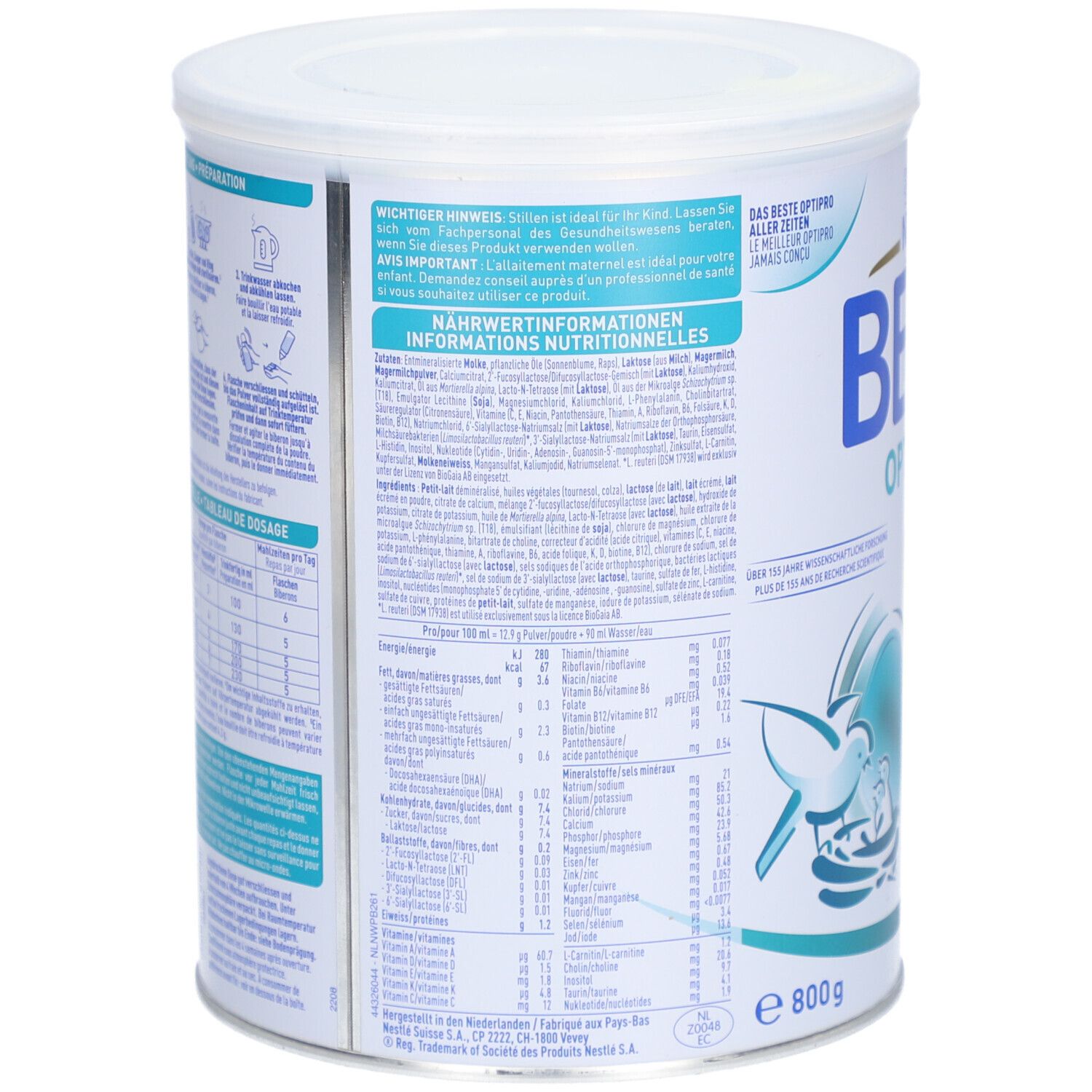 Arrière de la boîte BEBA Optipro 1 avec tableau nutritionnel et liste des ingrédients.