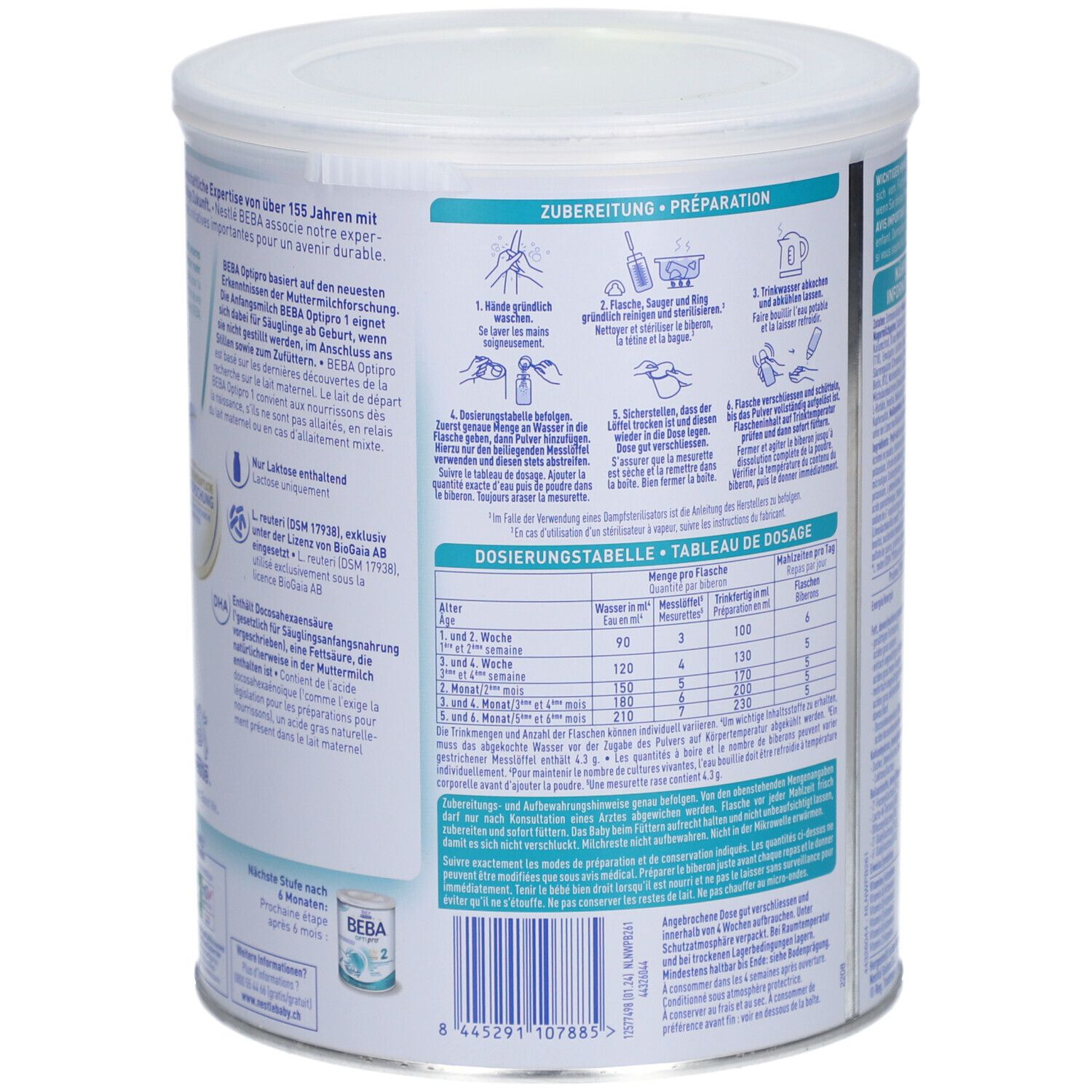 Arrière de la boîte BEBA Optipro 1 avec instructions de préparation et tableau de dosage.