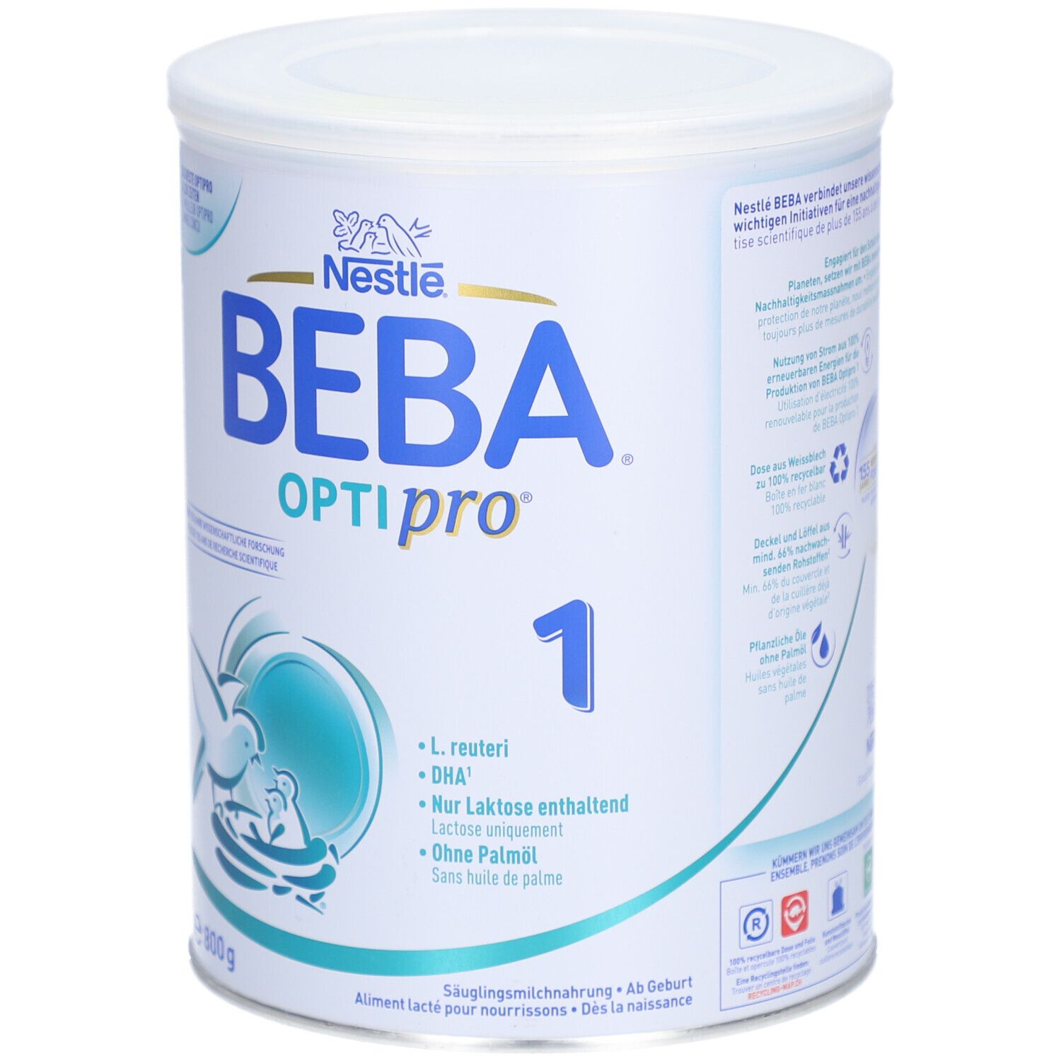 Avant de la boîte de lait infantile BEBA Optipro 1, 800g, avec logo Nestlé.