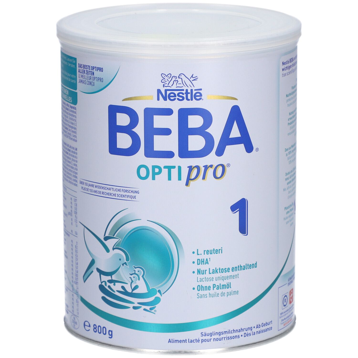 Boîte de lait infantile BEBA Optipro 1, 800g, avec logo Nestlé et motif oiseau.