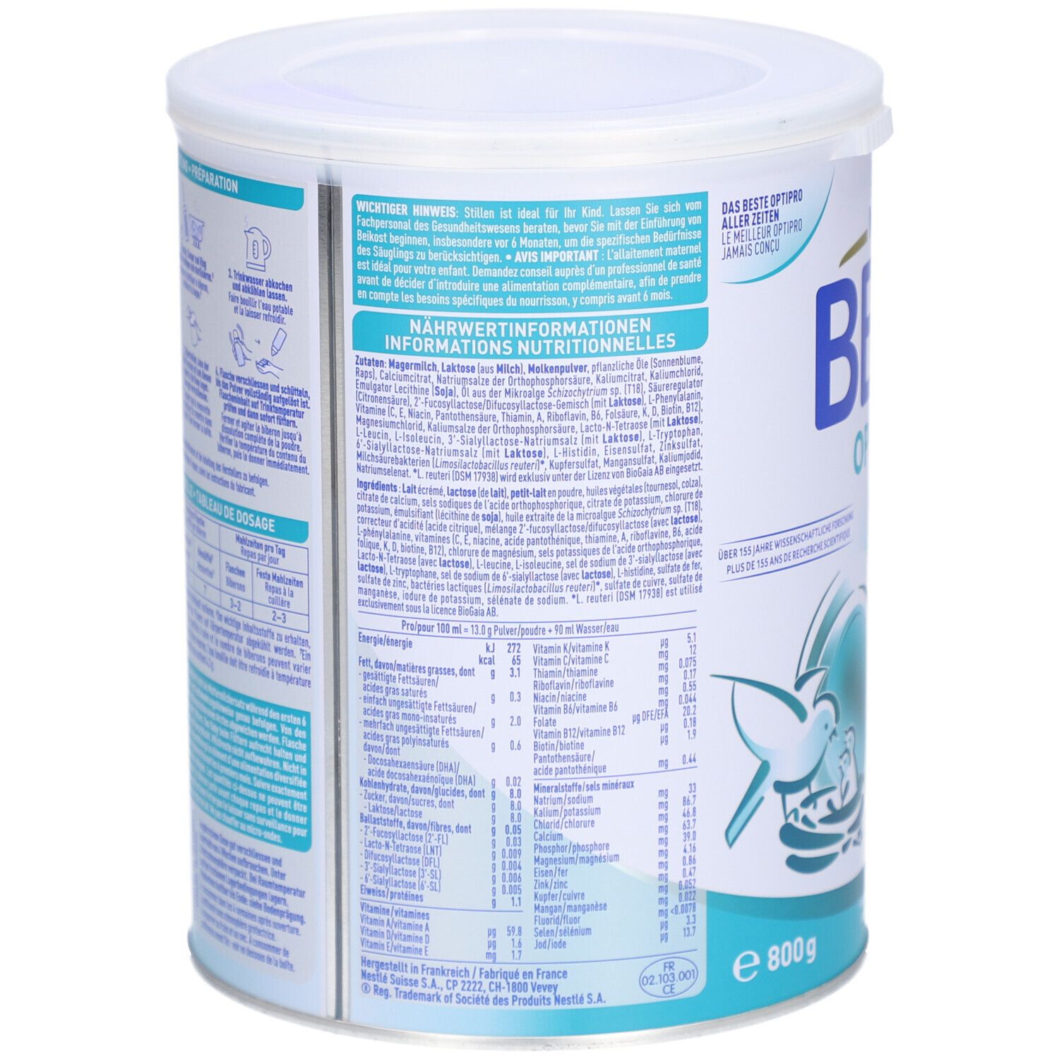Arrière de la boîte de lait de suite BEBA Optipro 3 avec tableau nutritionnel et liste d'ingrédients.