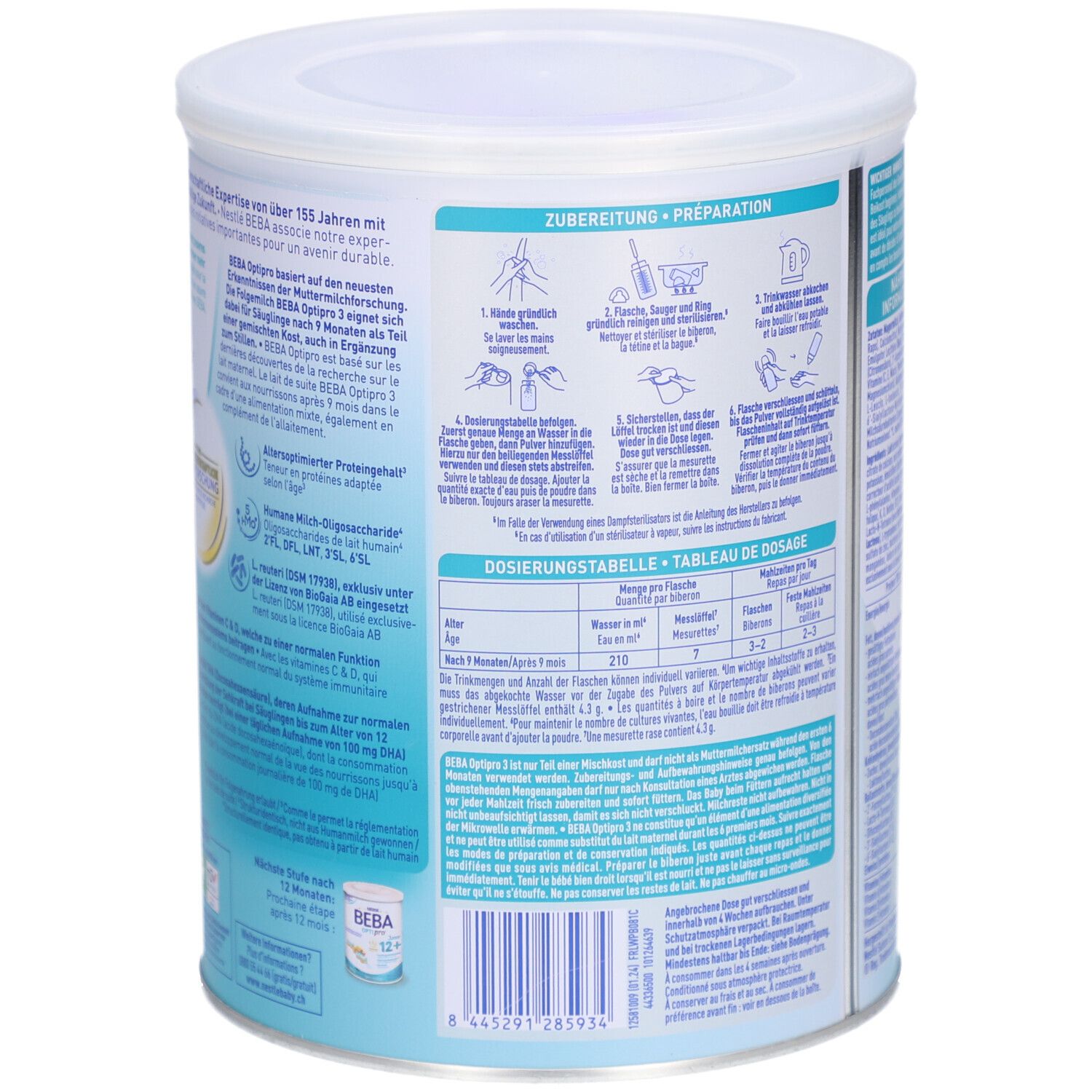 Vue latérale de la boîte de lait de suite BEBA Optipro 3 avec instructions de préparation et tableau de dosage.