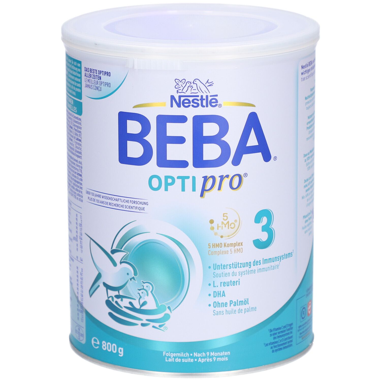 Boîte de lait de suite BEBA Optipro 3, 800g. Logo Nestlé, 5 HMO Complex, L. reuteri, DHA. Soutient le système immunitaire.