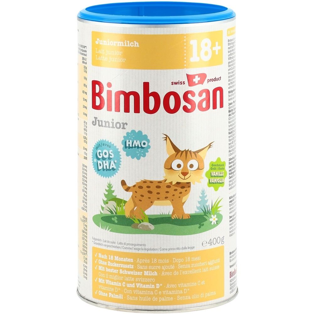 Melkpoederblik met blauwe deksel. Opschrift: Bimbosan Junior, 18+. Afbeelding van een lynx. 400g.