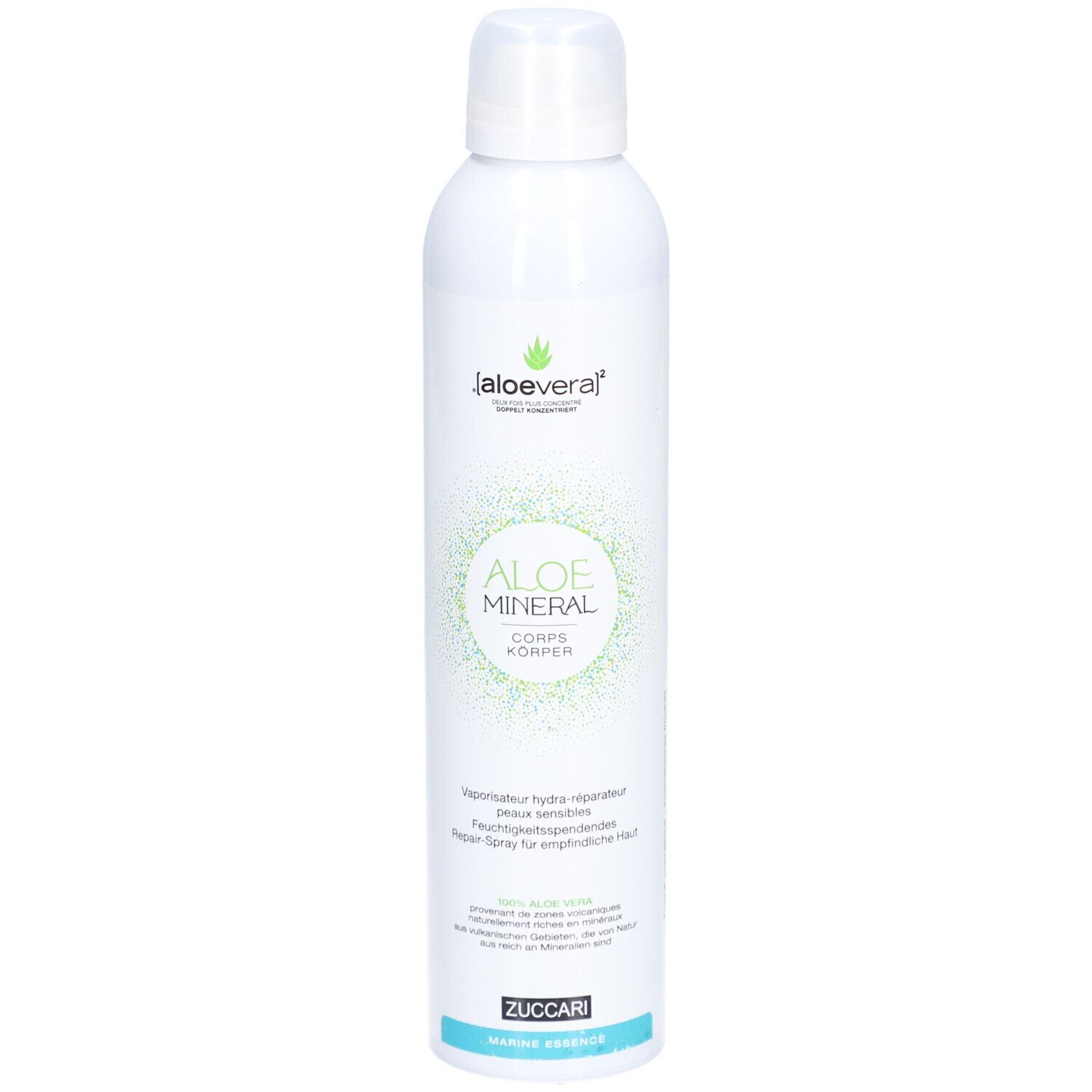 Flacon spray blanc avec logo vert et texte. "Aloe Mineral Corps" et "Zuccari Marine Fragrance" sont visibles.