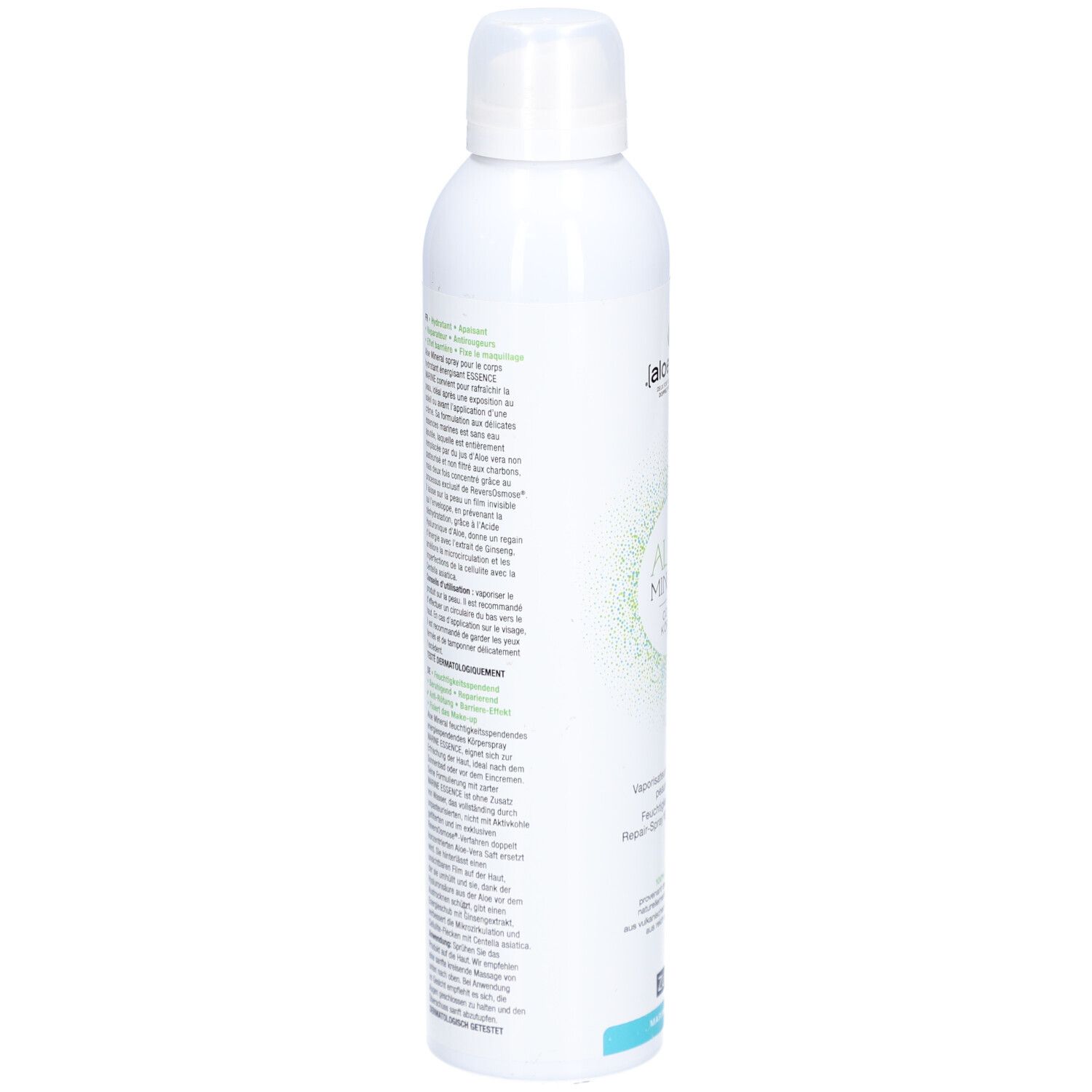 Flacon spray blanc, vue latérale avec texte. Informations sur le produit et ingrédients imprimés.