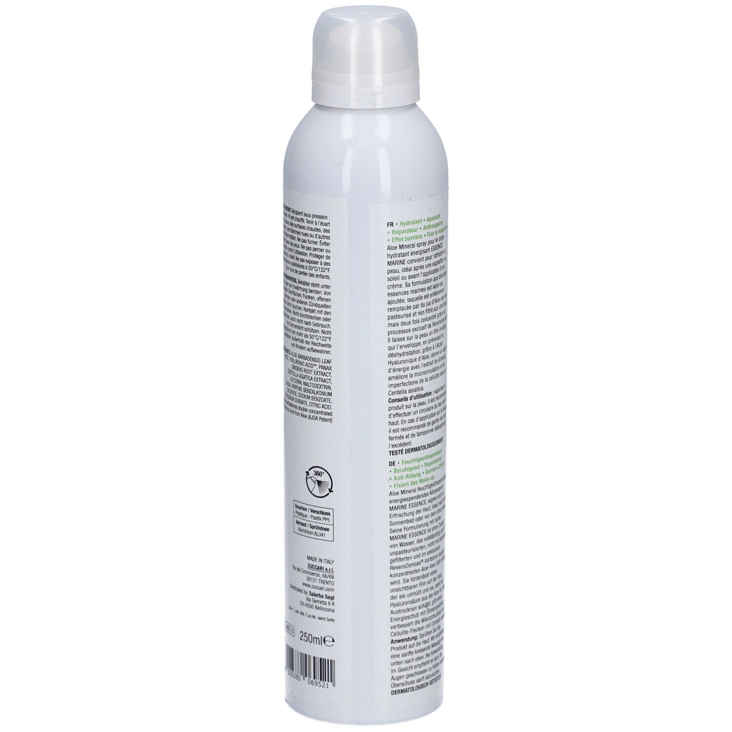 Flacon spray blanc, vue arrière avec texte. Informations sur le produit, ingrédients et logos visibles.